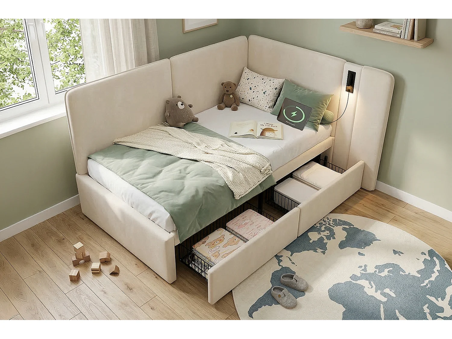 Lettino imbottito per bambini - 90 x 200 cm - con 2 cassetti + porta USB + lampada da lettura - velluto - beige