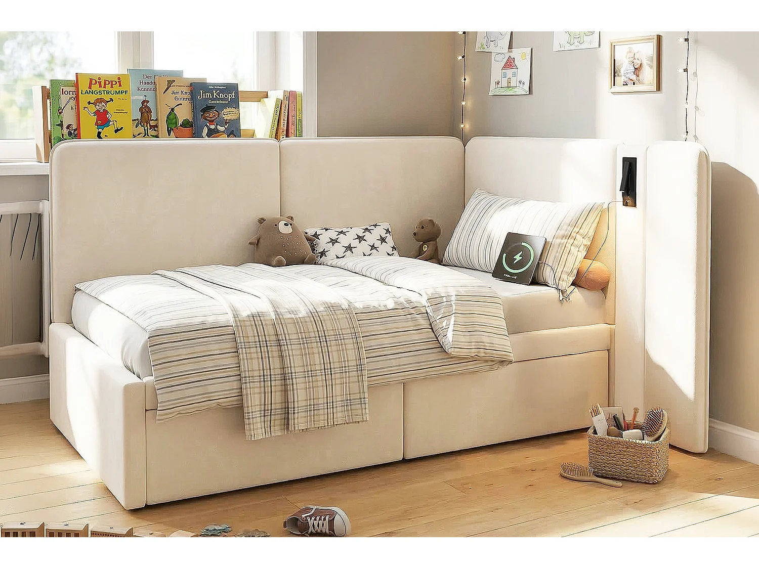 Lettino imbottito per bambini - 90 x 200 cm - con 2 cassetti + porta USB + lampada da lettura - velluto - beige