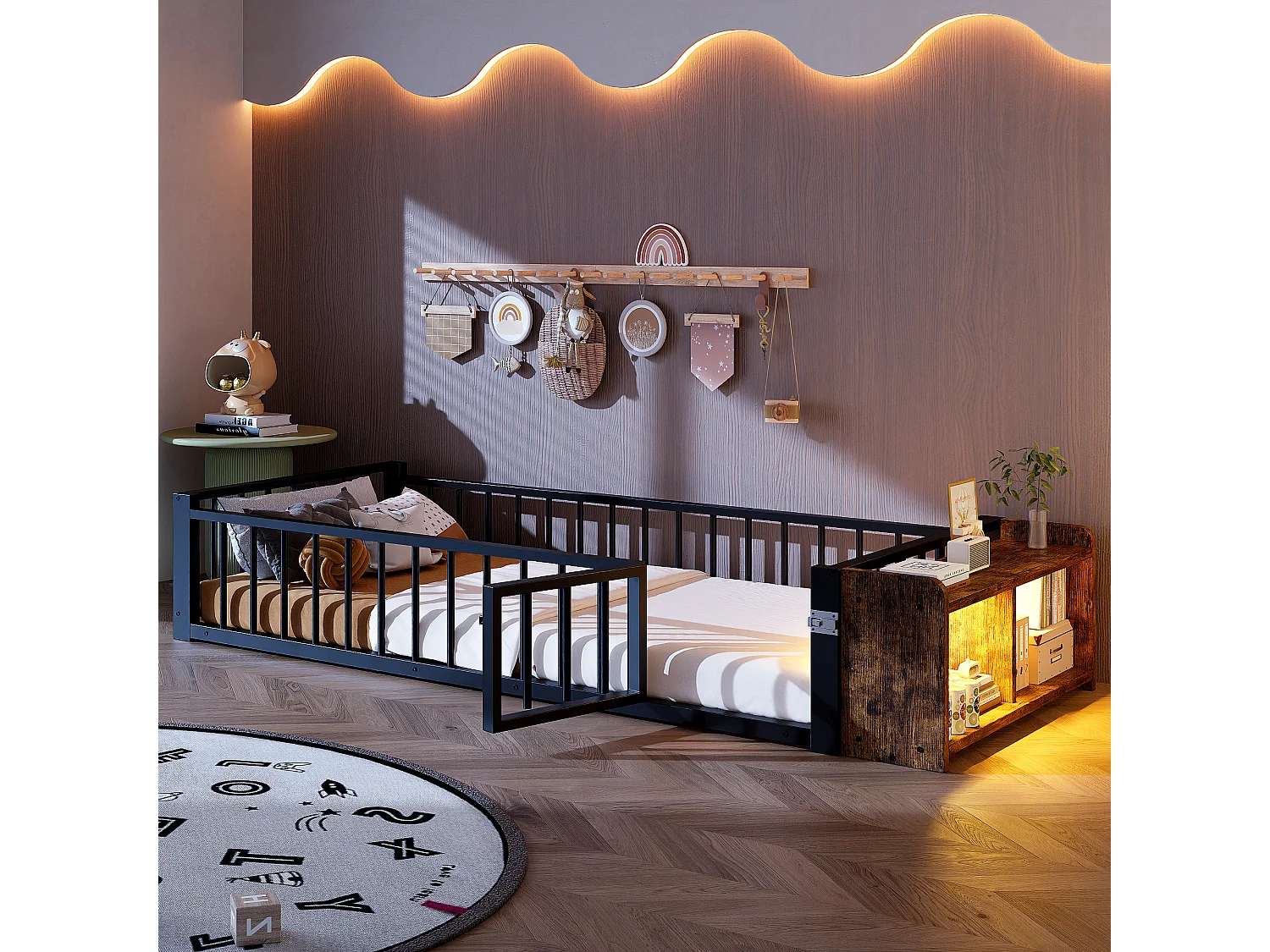 Lit plat en métal pour enfant - 90 x 200 cm - avec barrière de sécurité + rangement + Leds - MDF + métal - noir