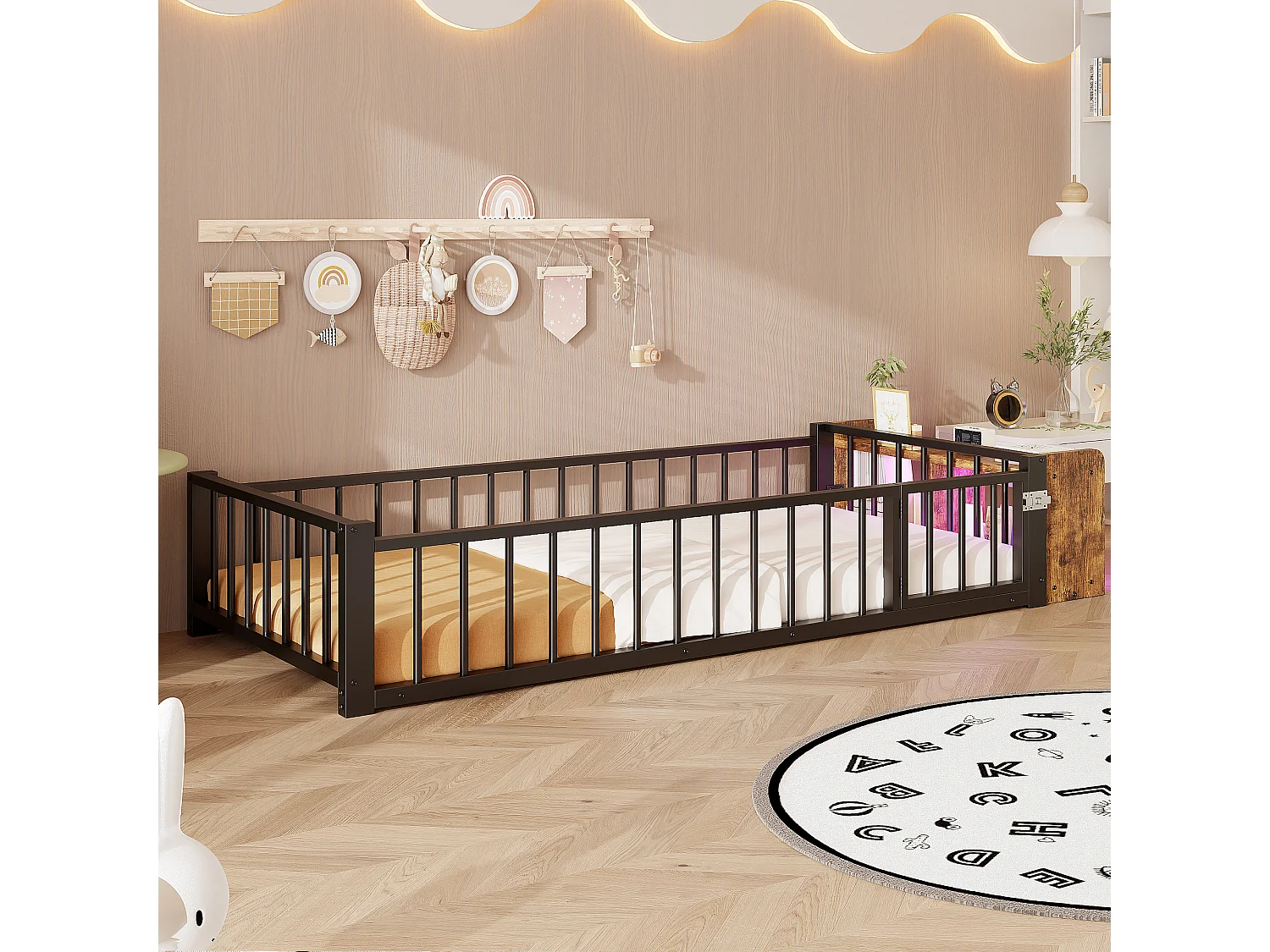 Lit plat en métal pour enfant - 90 x 200 cm - avec barrière de sécurité + rangement + Leds - MDF + métal - noir