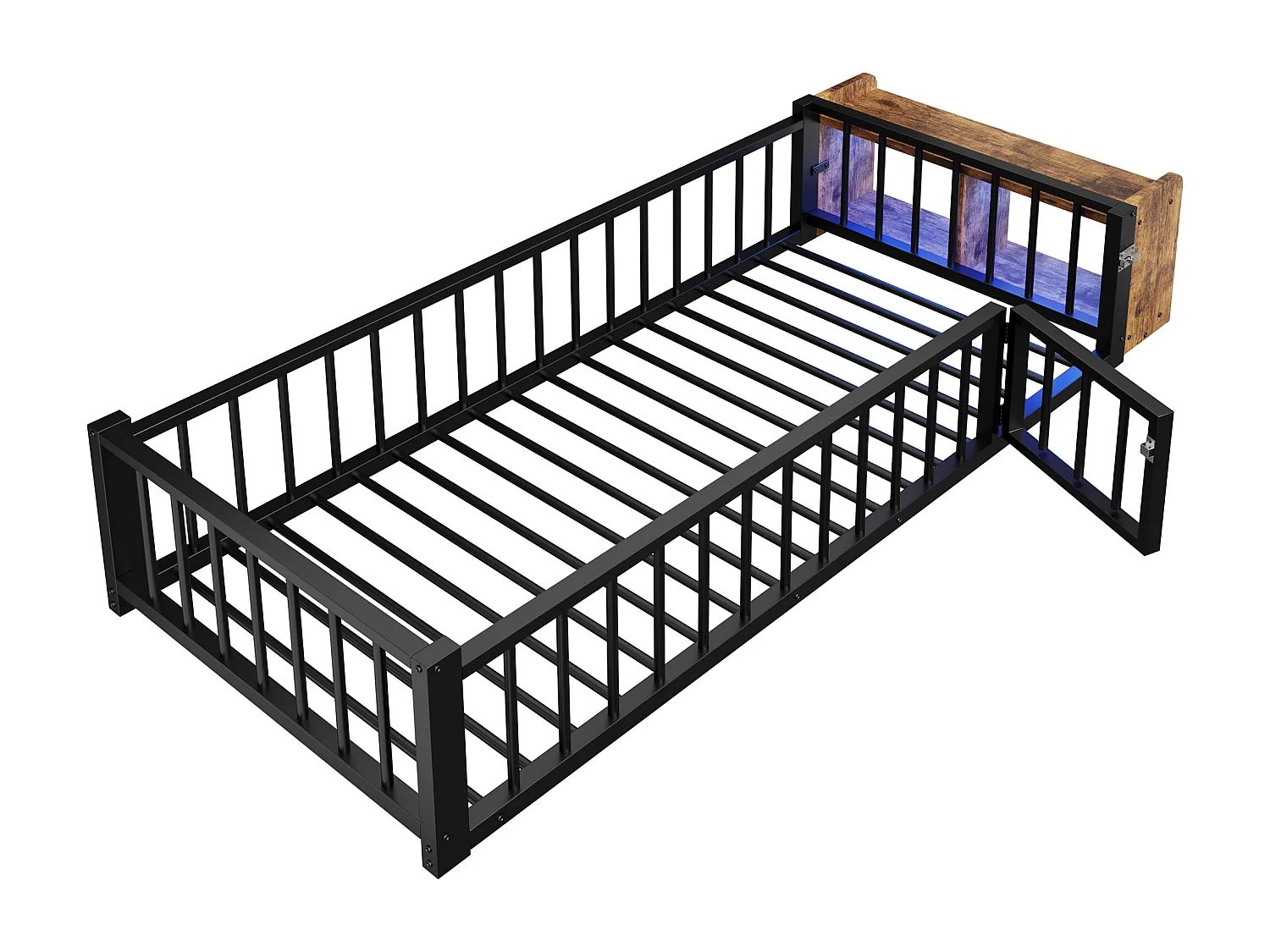 Lit plat en métal pour enfant - 90 x 200 cm - avec barrière de sécurité + rangement + Leds - MDF + métal - noir