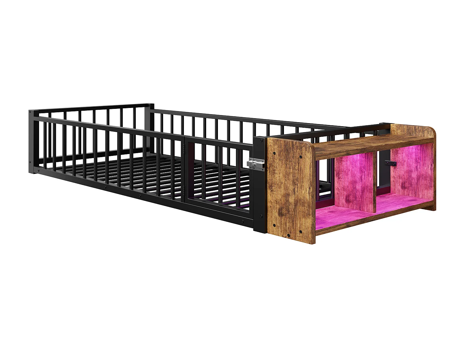 Lit plat en métal pour enfant - 90 x 200 cm - avec barrière de sécurité + rangement + Leds - MDF + métal - noir