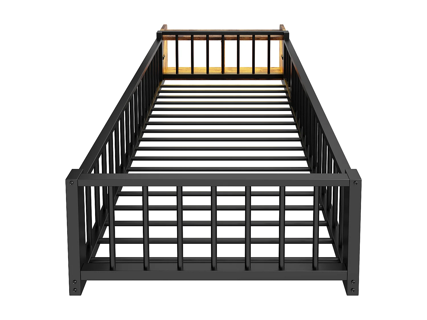 Lit plat en métal pour enfant - 90 x 200 cm - avec barrière de sécurité + rangement + Leds - MDF + métal - noir