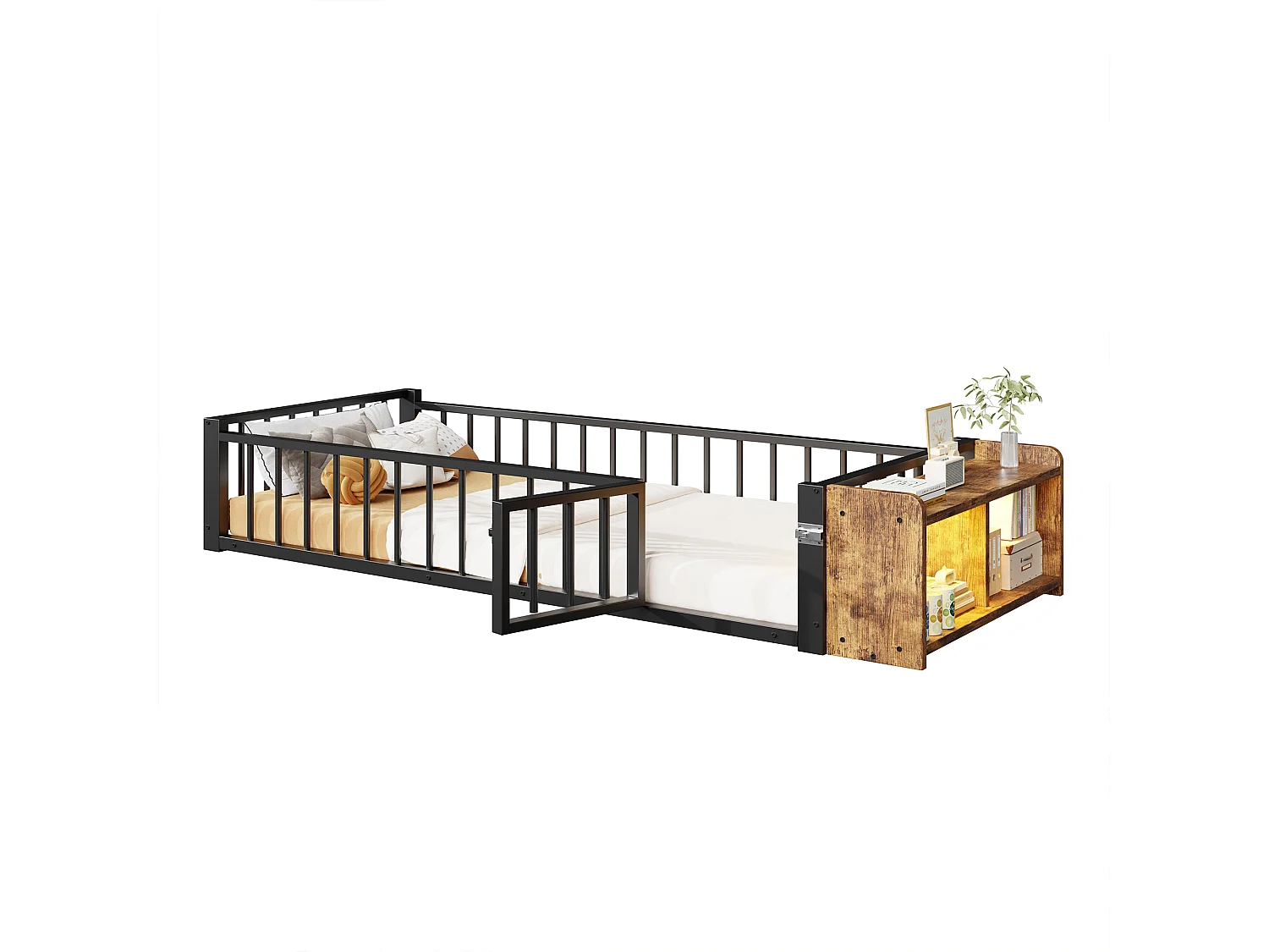 Lit plat en métal pour enfant - 90 x 200 cm - avec barrière de sécurité + rangement + Leds - MDF + métal - noir