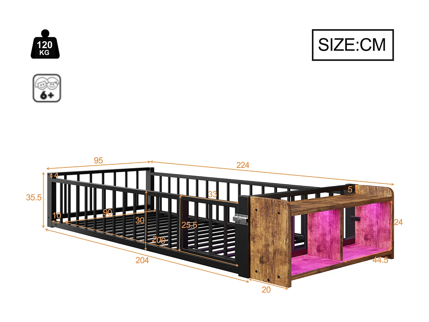 Lit plat en métal pour enfant - 90 x 200 cm - avec barrière de sécurité + rangement + Leds - MDF + métal - noir