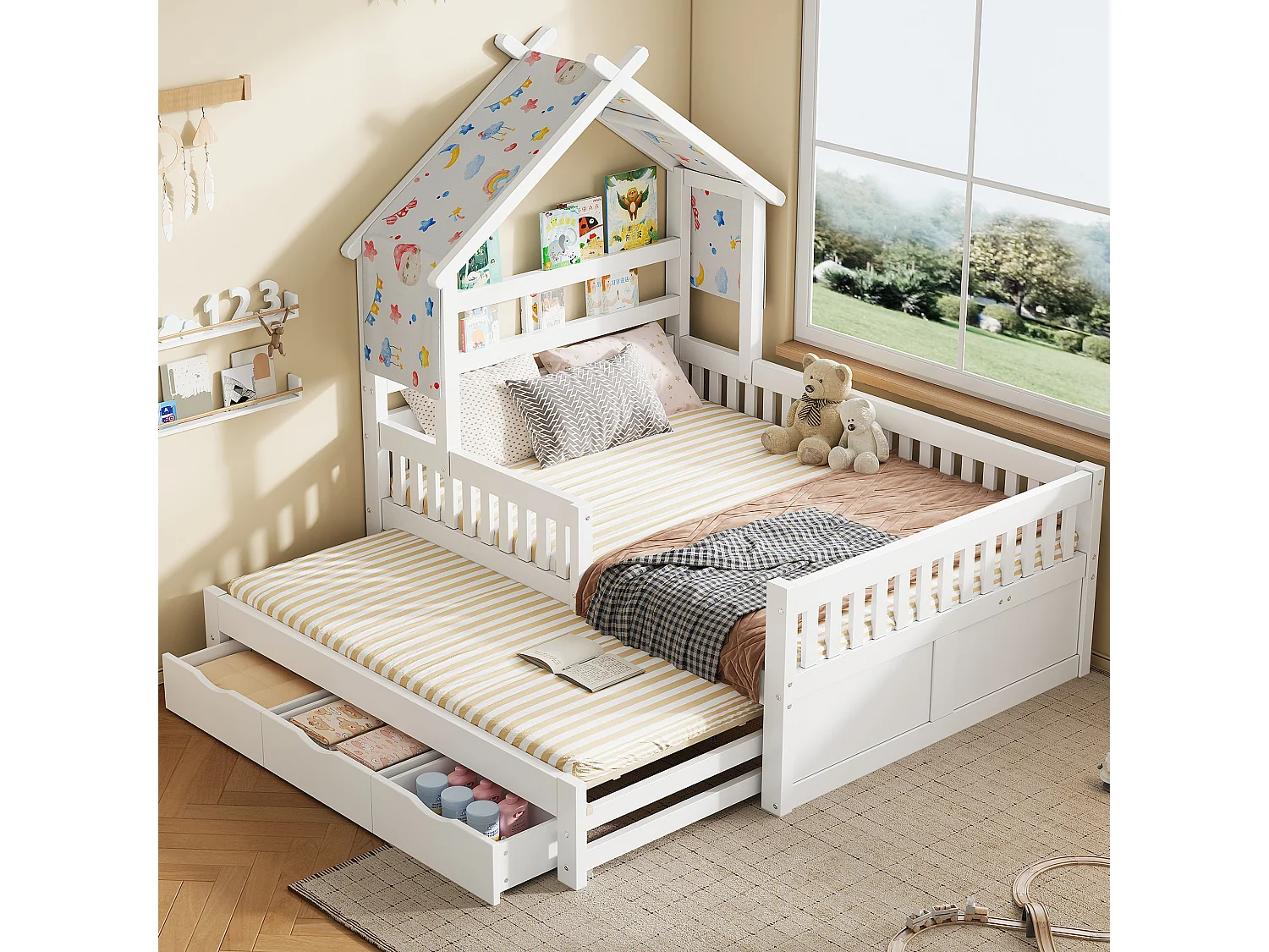 Lit plateforme en bois - 140 x 200 cm - avec lit gigogne 90 x 190 cm + tiroirs + barrières de sécurité - blanc