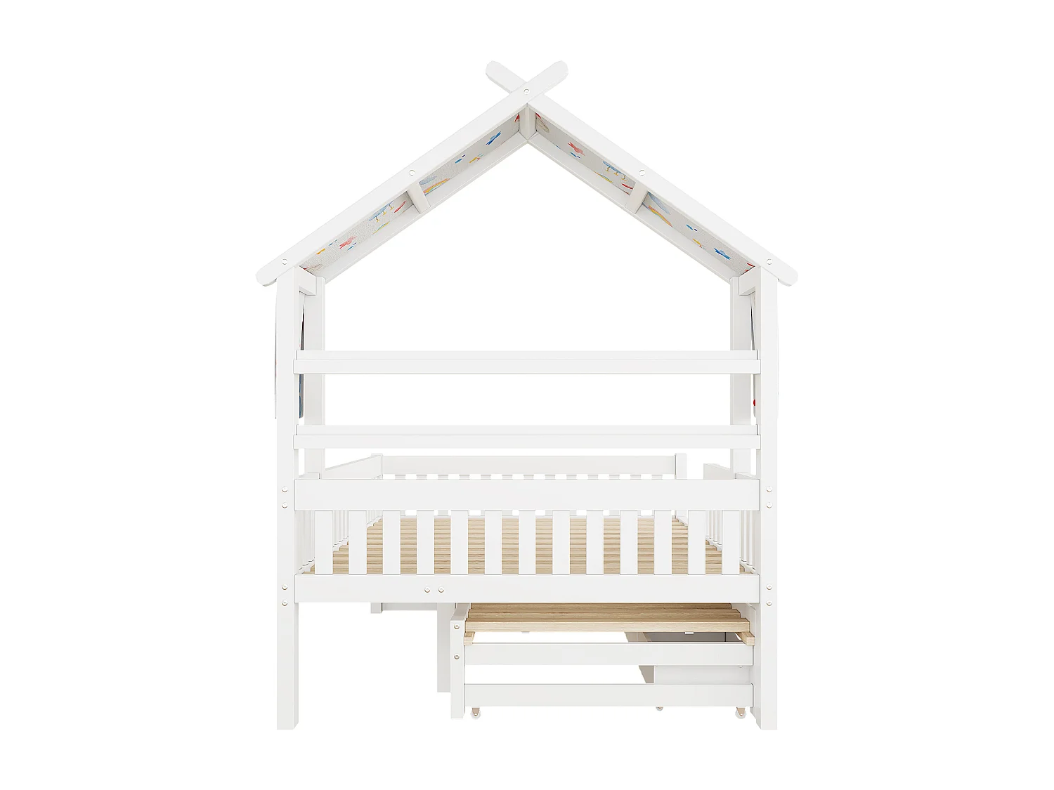 Lit plateforme en bois - 140 x 200 cm - avec lit gigogne 90 x 190 cm + tiroirs + barrières de sécurité - blanc