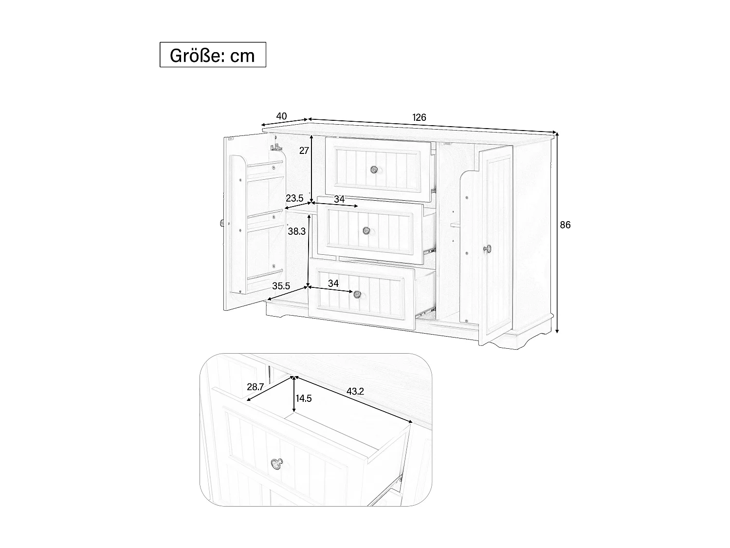 Buffet moderne et élégant - 126 x 40 x 86 cm - avec 3 tiroirs + 2 portes - MDF - noir
