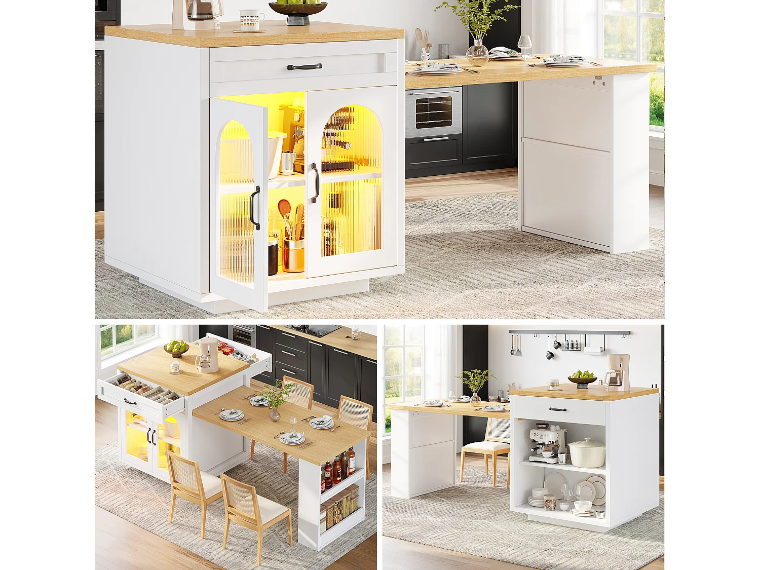 Ausziehbare Kücheninsel – 126–196 x 59 x 94 cm – mit LED-Beleuchtung, 2 Schubladen, Regalböden und Glastüren – MDF – weiß