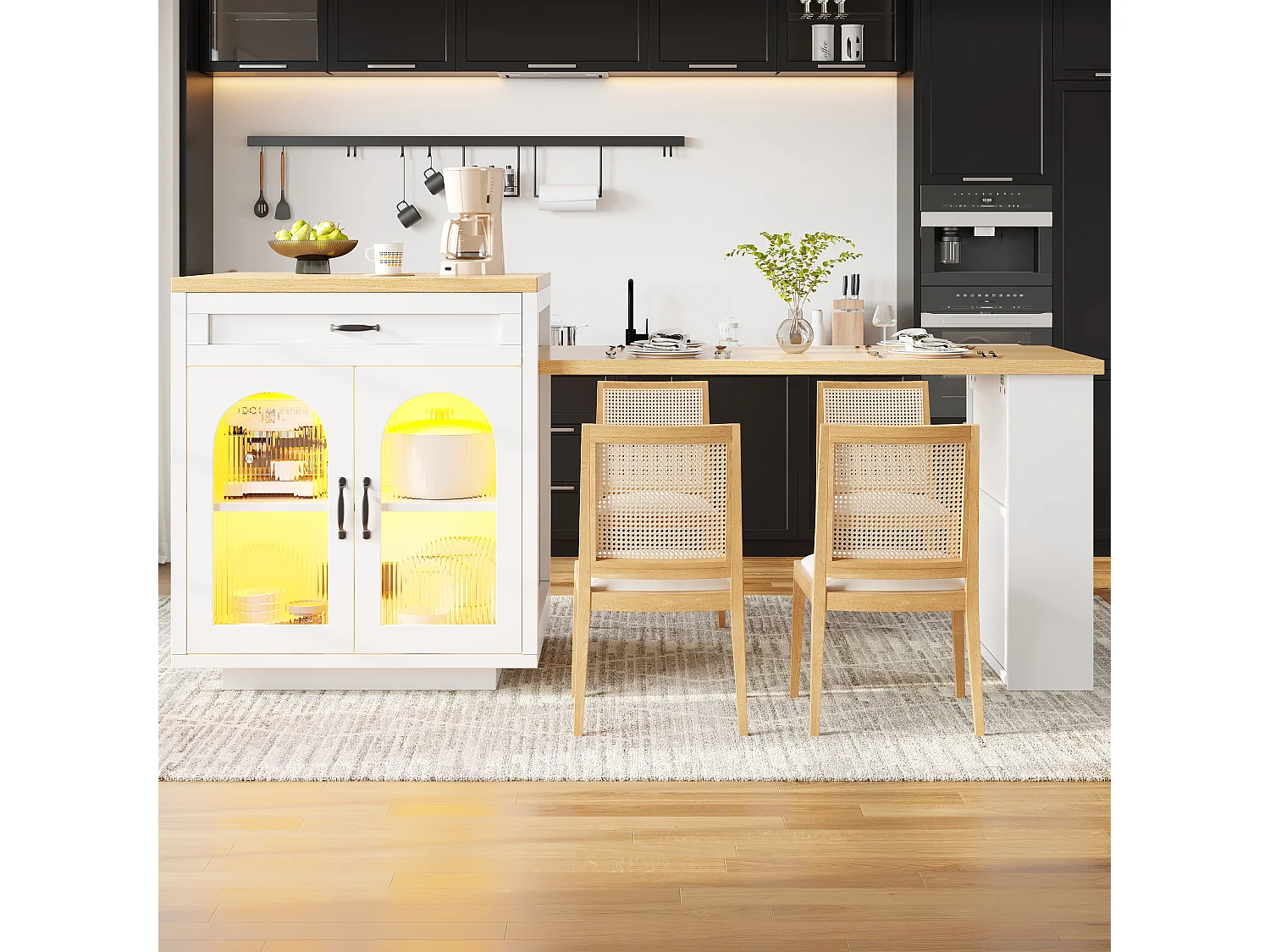 Ausziehbare Kücheninsel – 126–196 x 59 x 94 cm – mit LED-Beleuchtung, 2 Schubladen, Regalböden und Glastüren – MDF – weiß