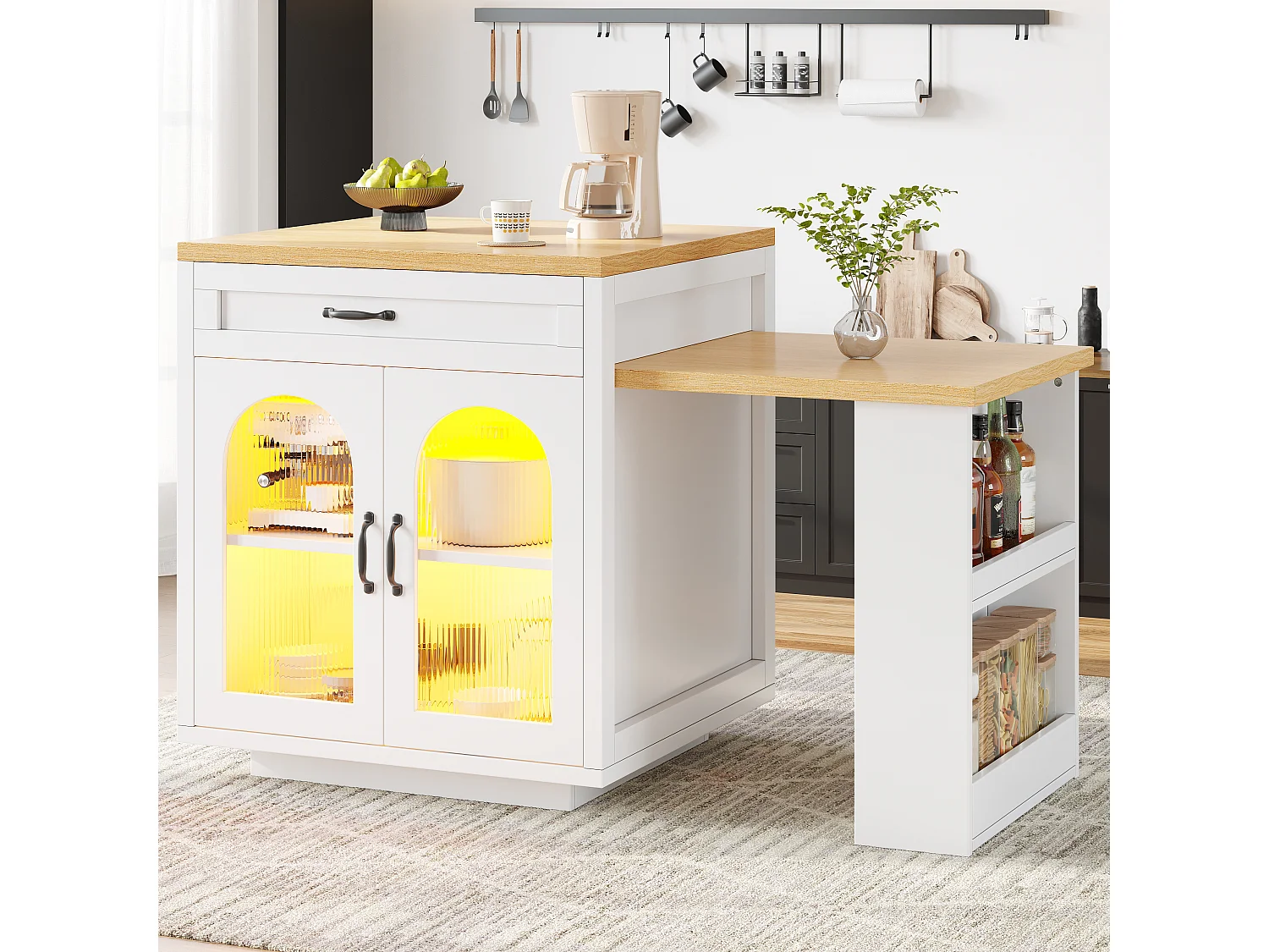 Ausziehbare Kücheninsel – 126–196 x 59 x 94 cm – mit LED-Beleuchtung, 2 Schubladen, Regalböden und Glastüren – MDF – weiß