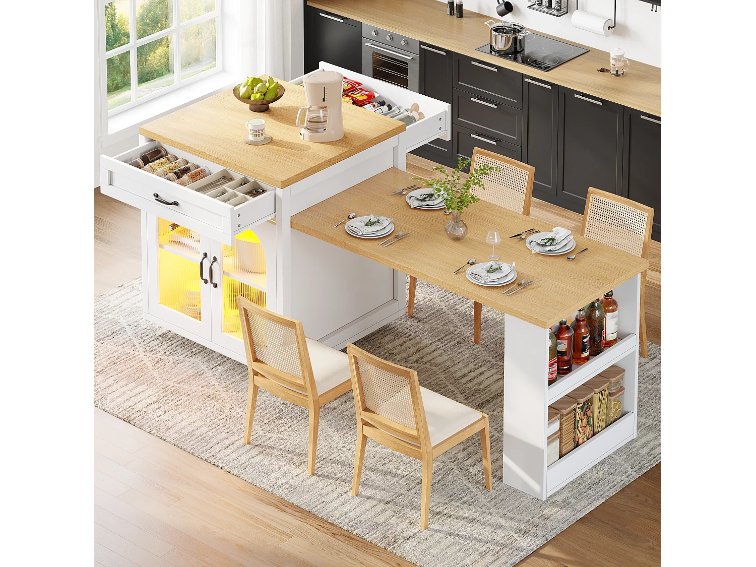 Ausziehbare Kücheninsel – 126–196 x 59 x 94 cm – mit LED-Beleuchtung, 2 Schubladen, Regalböden und Glastüren – MDF – weiß