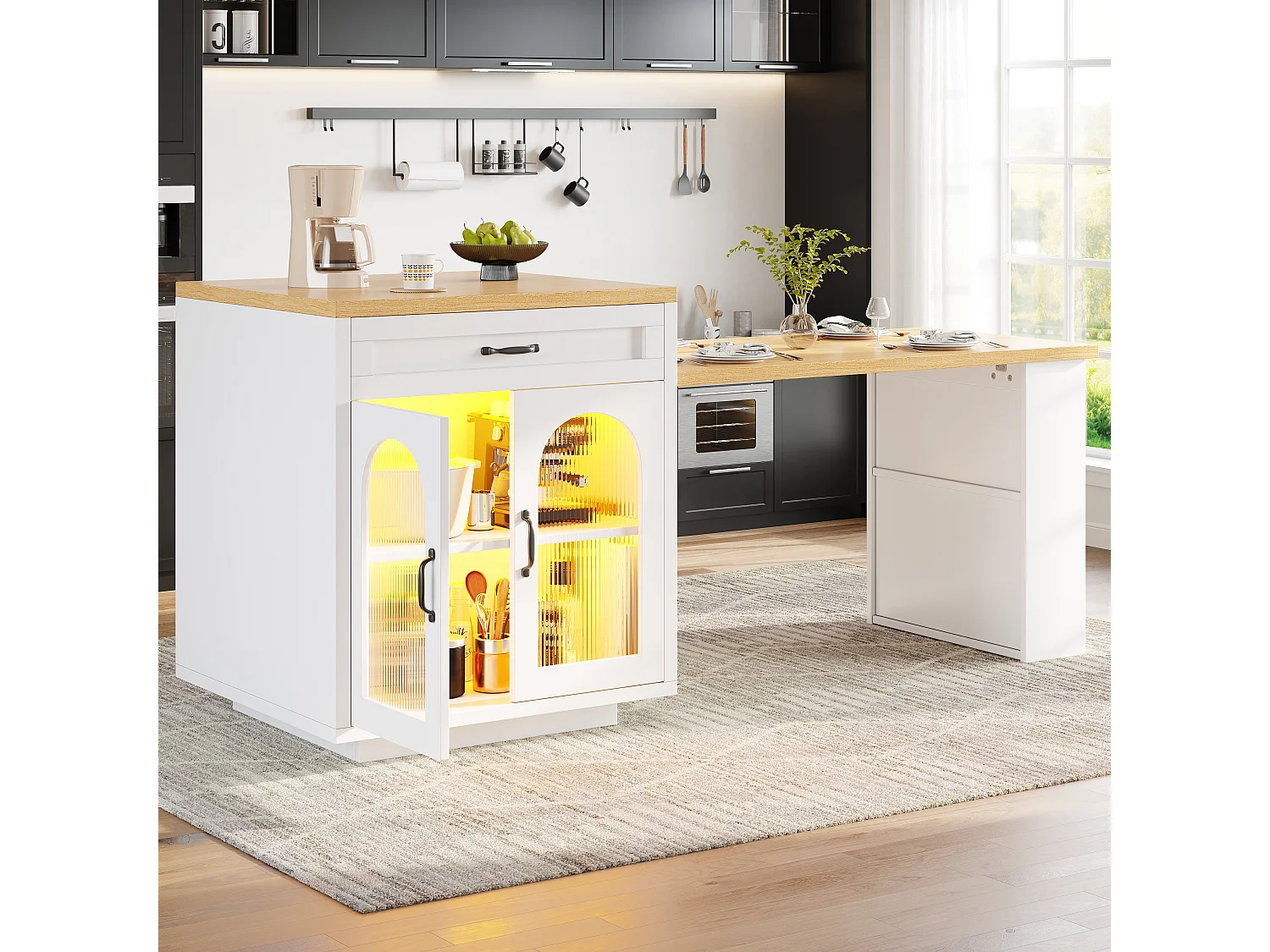 Ausziehbare Kücheninsel – 126–196 x 59 x 94 cm – mit LED-Beleuchtung, 2 Schubladen, Regalböden und Glastüren – MDF – weiß