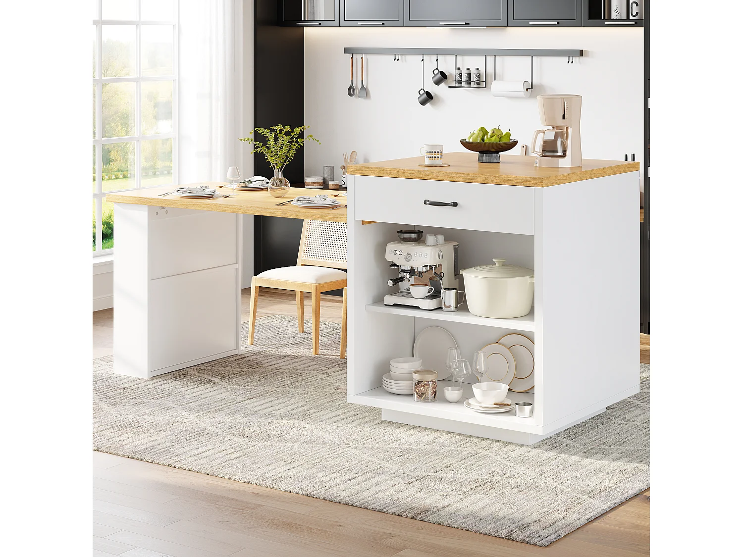 Ausziehbare Kücheninsel – 126–196 x 59 x 94 cm – mit LED-Beleuchtung, 2 Schubladen, Regalböden und Glastüren – MDF – weiß