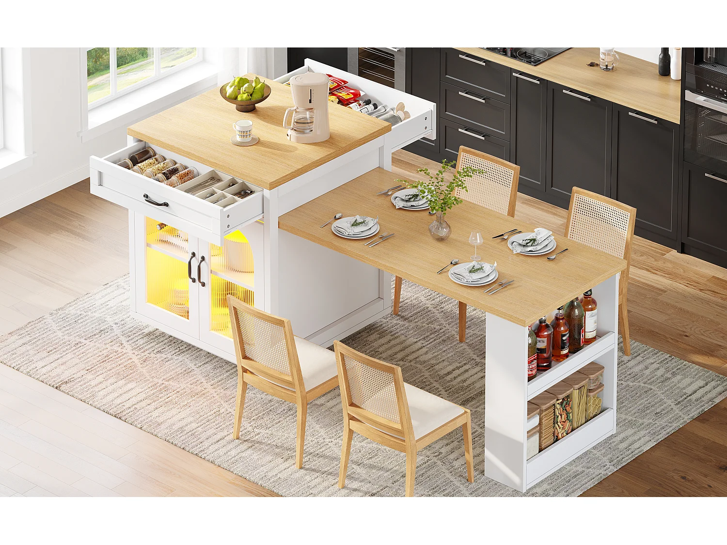 Ausziehbare Kücheninsel – 126–196 x 59 x 94 cm – mit LED-Beleuchtung, 2 Schubladen, Regalböden und Glastüren – MDF – weiß