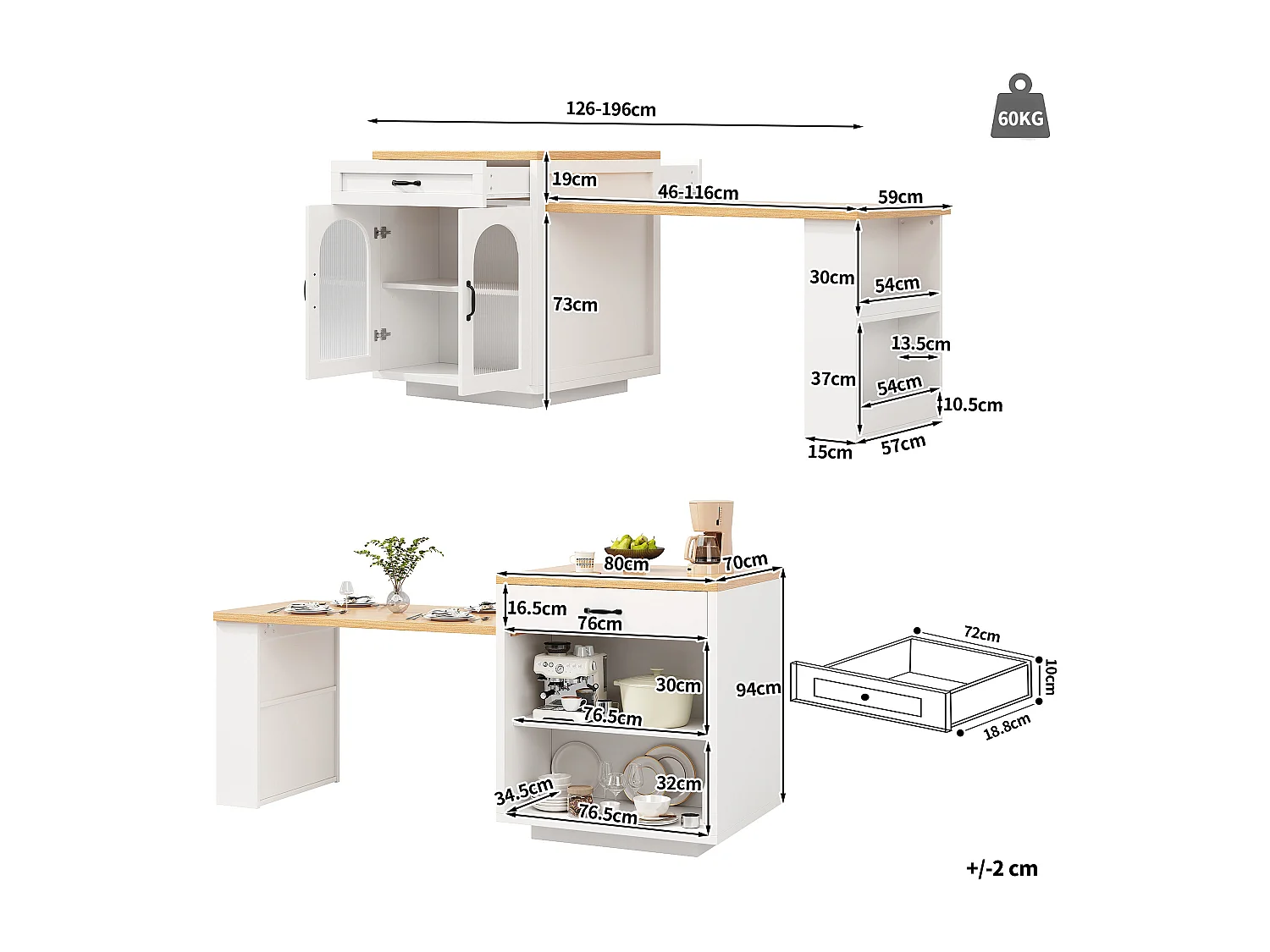 Ausziehbare Kücheninsel – 126–196 x 59 x 94 cm – mit LED-Beleuchtung, 2 Schubladen, Regalböden und Glastüren – MDF – weiß