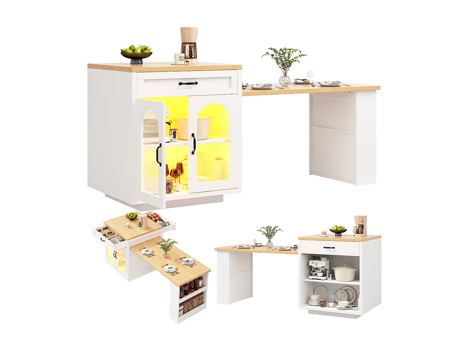 Ausziehbare Kücheninsel – 126–196 x 59 x 94 cm – mit LED-Beleuchtung, 2 Schubladen, Regalböden und Glastüren – MDF – weiß