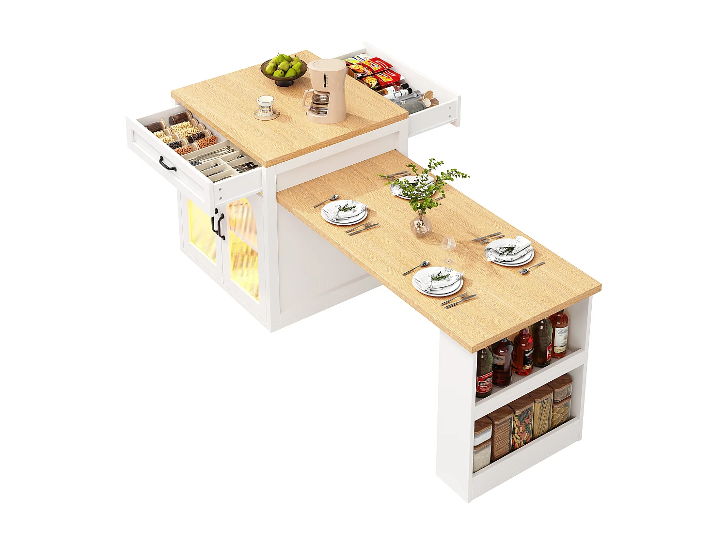 Ausziehbare Kücheninsel – 126–196 x 59 x 94 cm – mit LED-Beleuchtung, 2 Schubladen, Regalböden und Glastüren – MDF – weiß