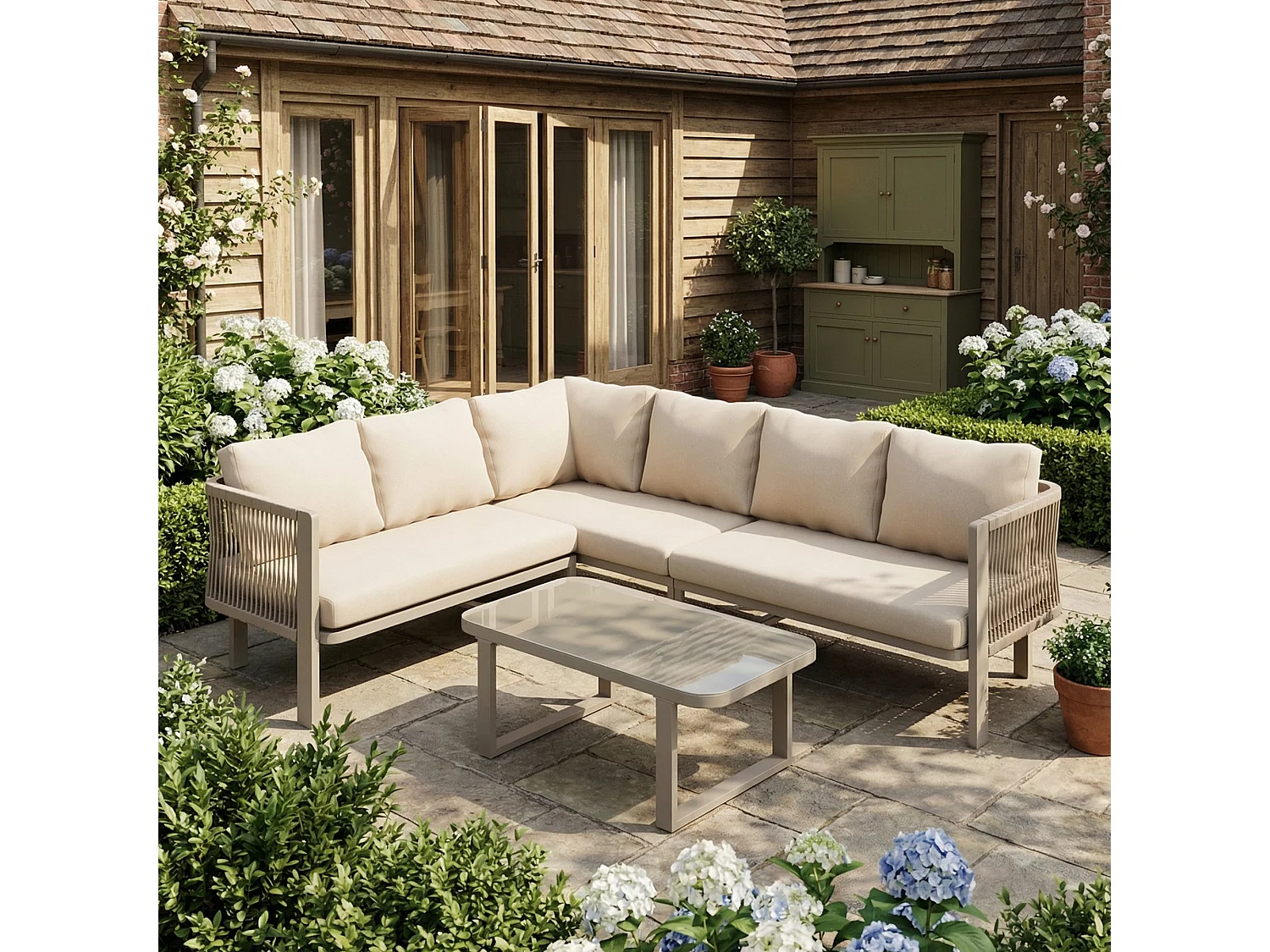 Ensemble de mobilier de jardin 6 places - 225 x 175 x 77 cm - avec table basse + canapé - Polyester + métal - kaki