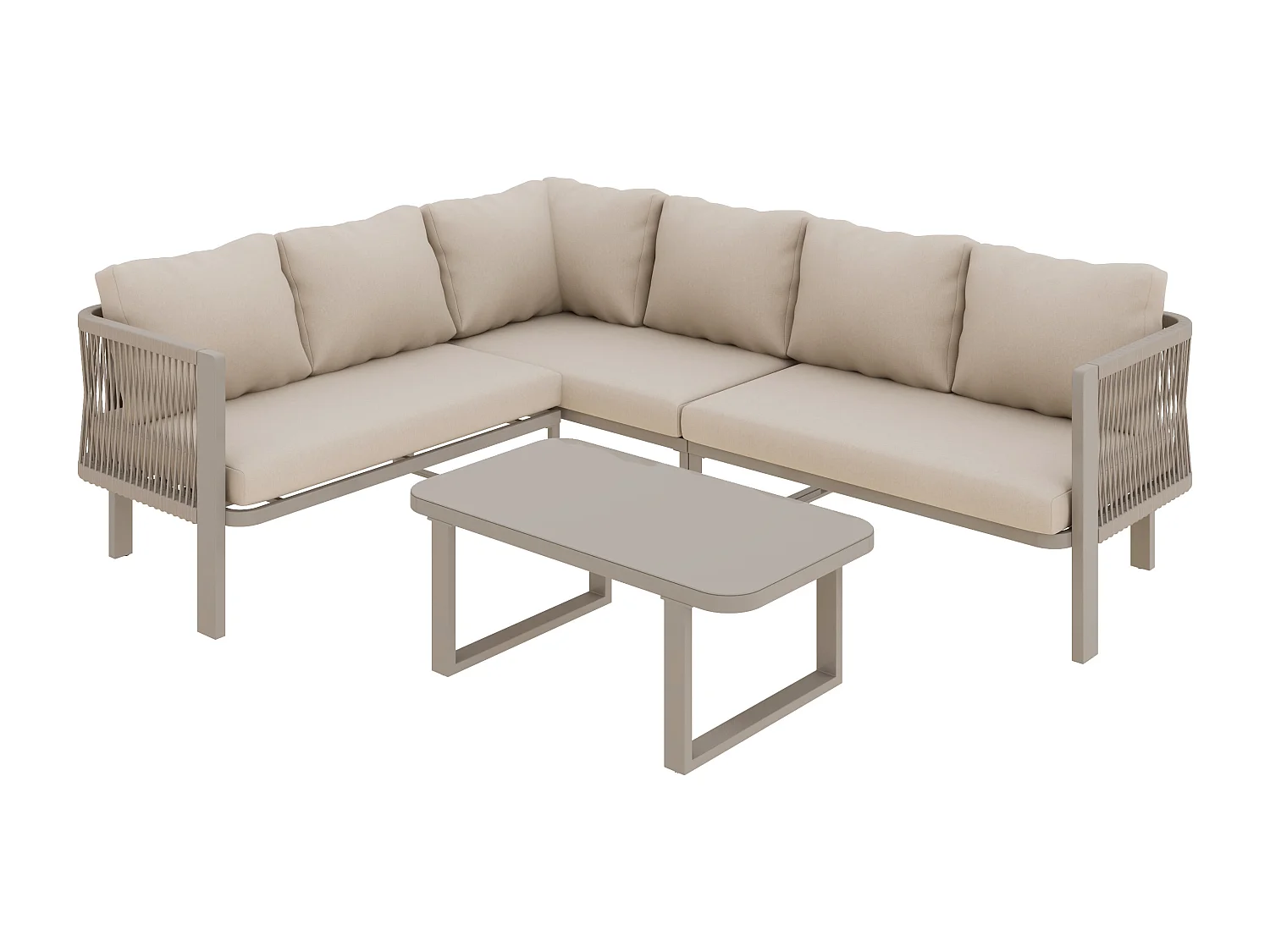 Ensemble de mobilier de jardin 6 places - 225 x 175 x 77 cm - avec table basse + canapé - Polyester + métal - kaki