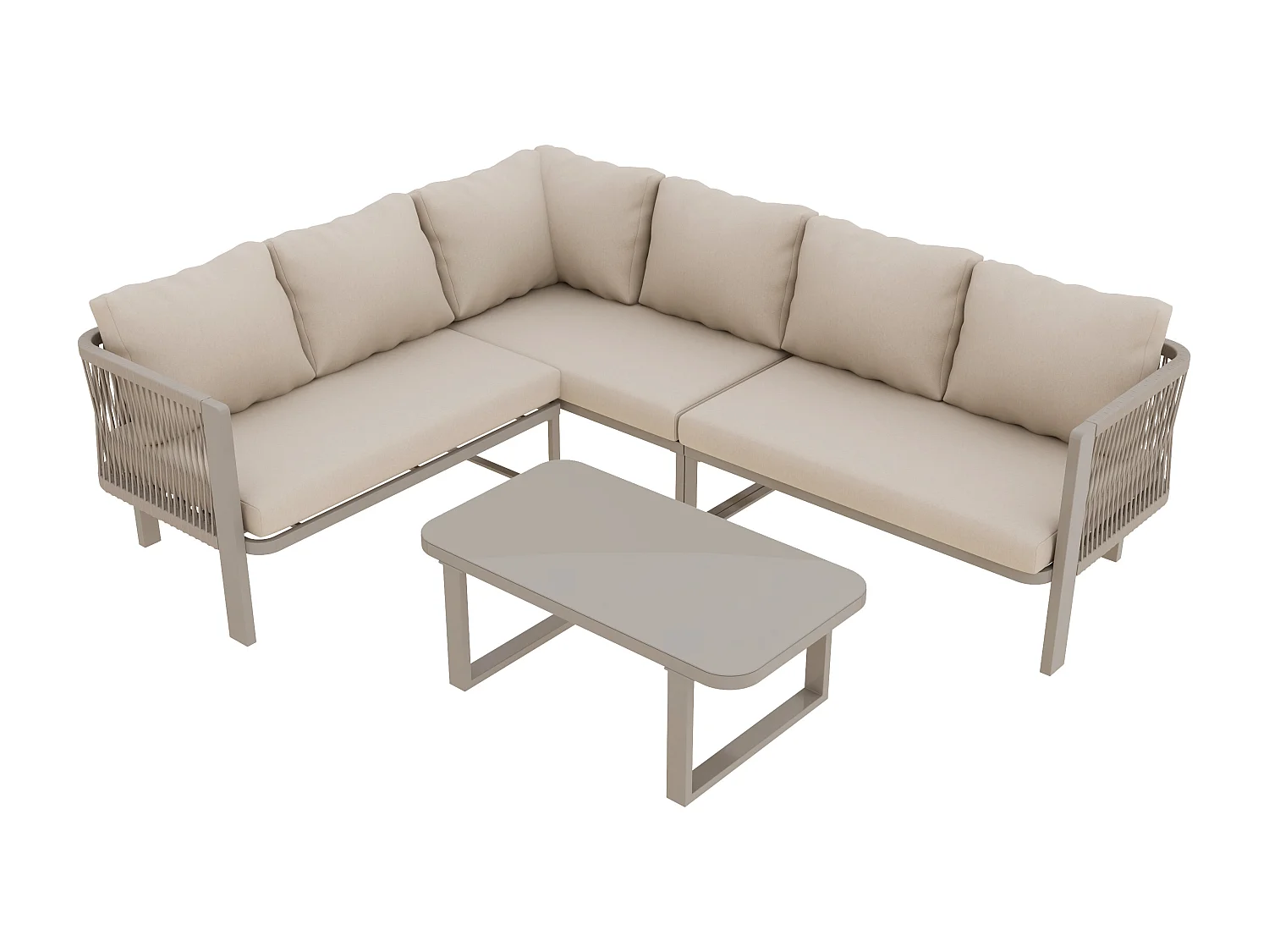 Ensemble de mobilier de jardin 6 places - 225 x 175 x 77 cm - avec table basse + canapé - Polyester + métal - kaki