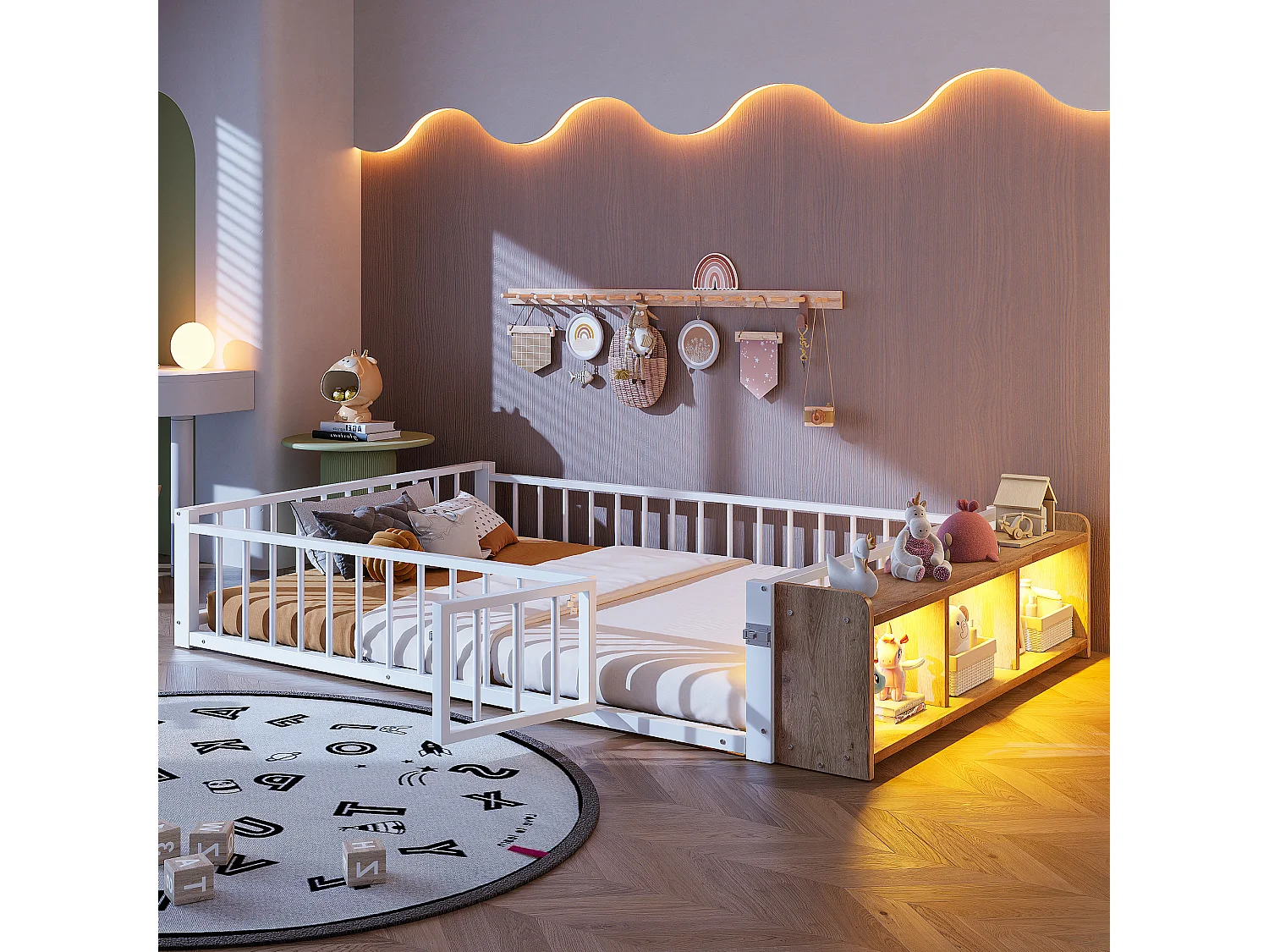 Flaches Metallbett für Kinder – 140 x 200 cm – mit Sicherheitsgitter, Stauraum und LED-Beleuchtung – MDF und Metall – weiß