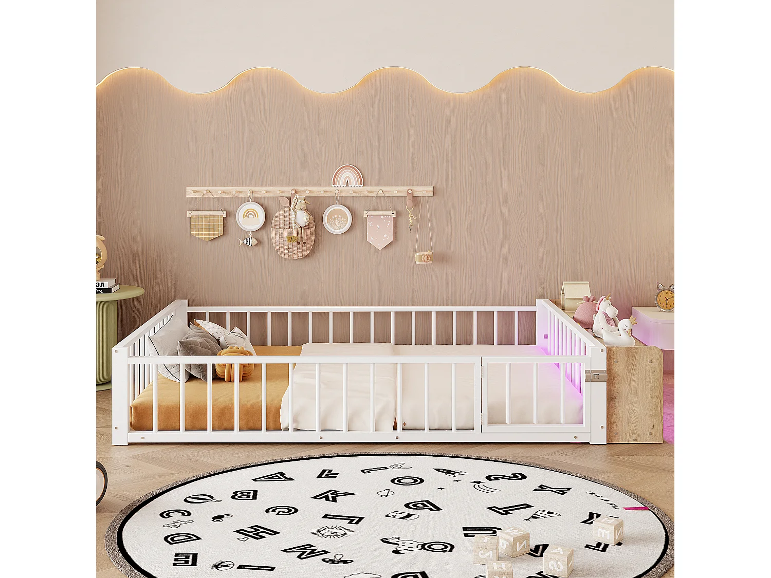 Flaches Metallbett für Kinder – 140 x 200 cm – mit Sicherheitsgitter, Stauraum und LED-Beleuchtung – MDF und Metall – weiß