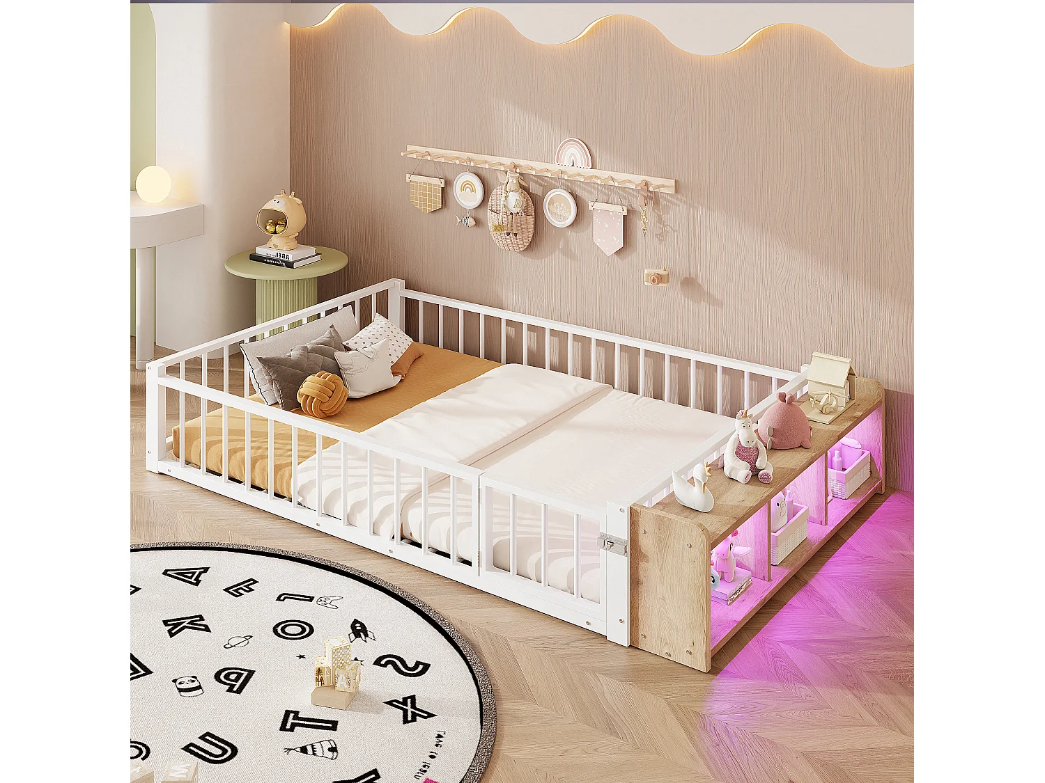 Flaches Metallbett für Kinder – 140 x 200 cm – mit Sicherheitsgitter, Stauraum und LED-Beleuchtung – MDF und Metall – weiß