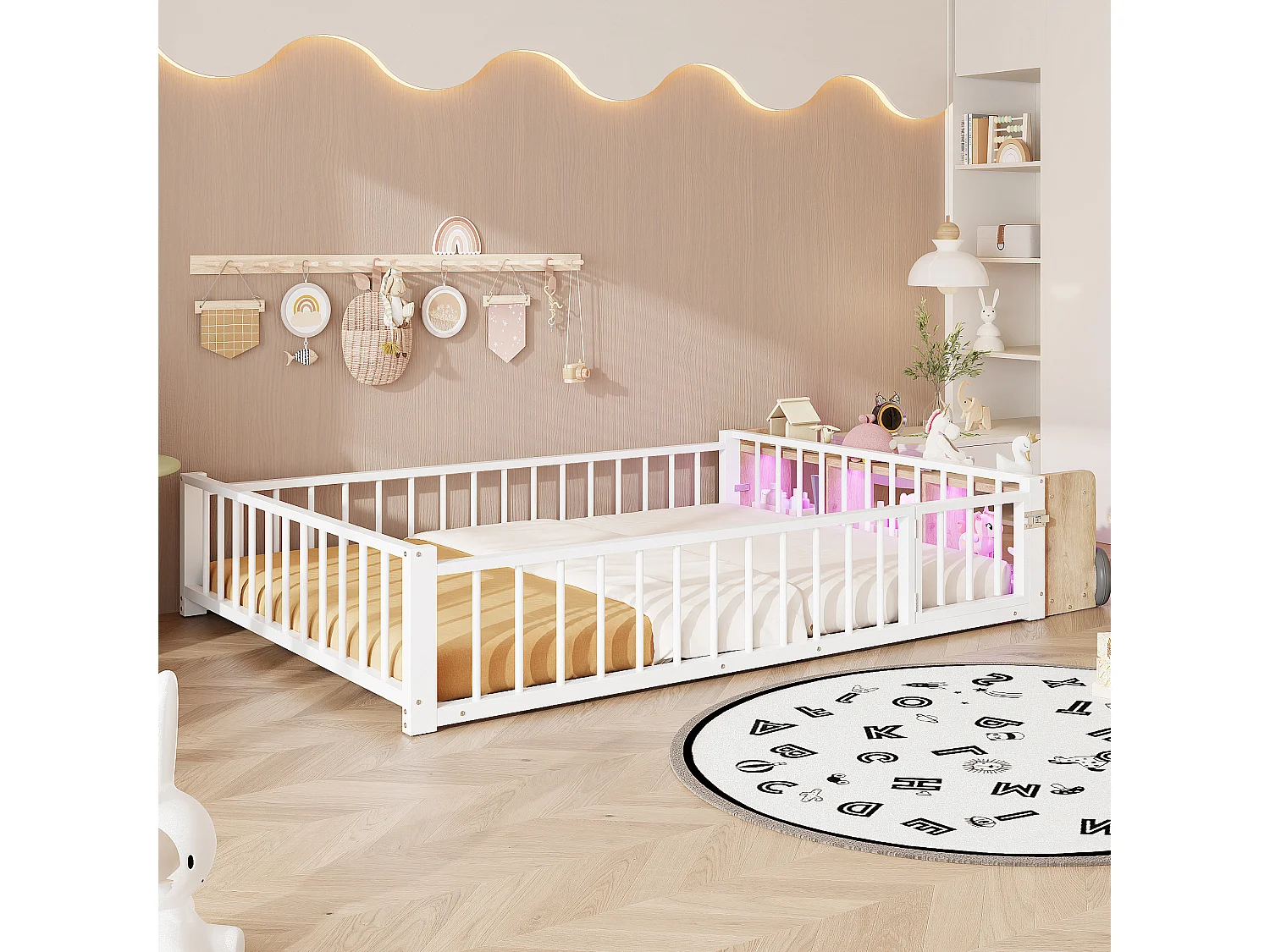 Flaches Metallbett für Kinder – 140 x 200 cm – mit Sicherheitsgitter, Stauraum und LED-Beleuchtung – MDF und Metall – weiß