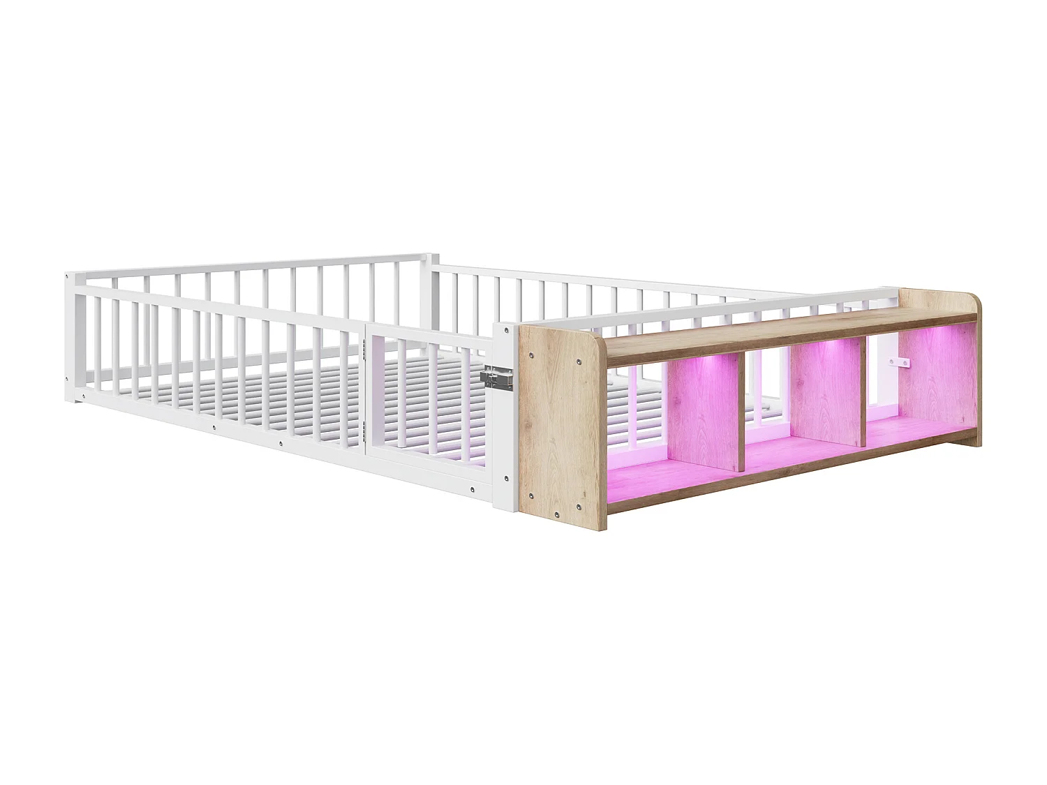 Flaches Metallbett für Kinder – 140 x 200 cm – mit Sicherheitsgitter, Stauraum und LED-Beleuchtung – MDF und Metall – weiß