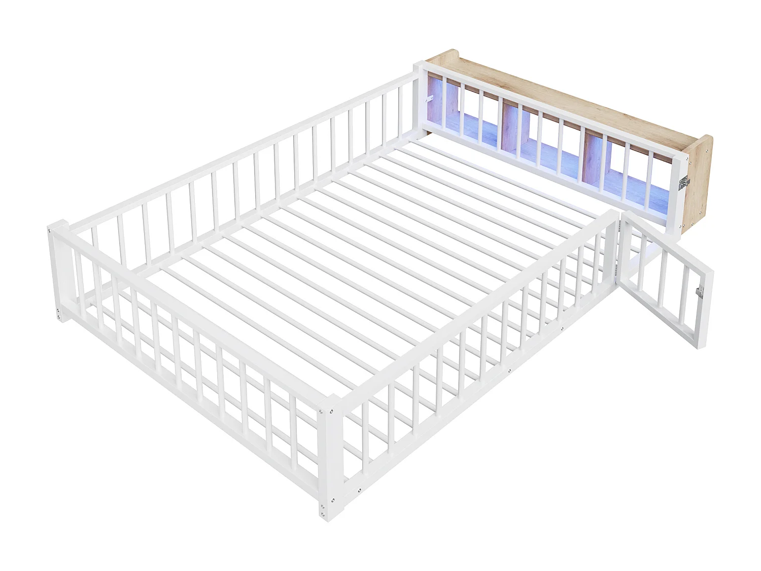 Flaches Metallbett für Kinder – 140 x 200 cm – mit Sicherheitsgitter, Stauraum und LED-Beleuchtung – MDF und Metall – weiß