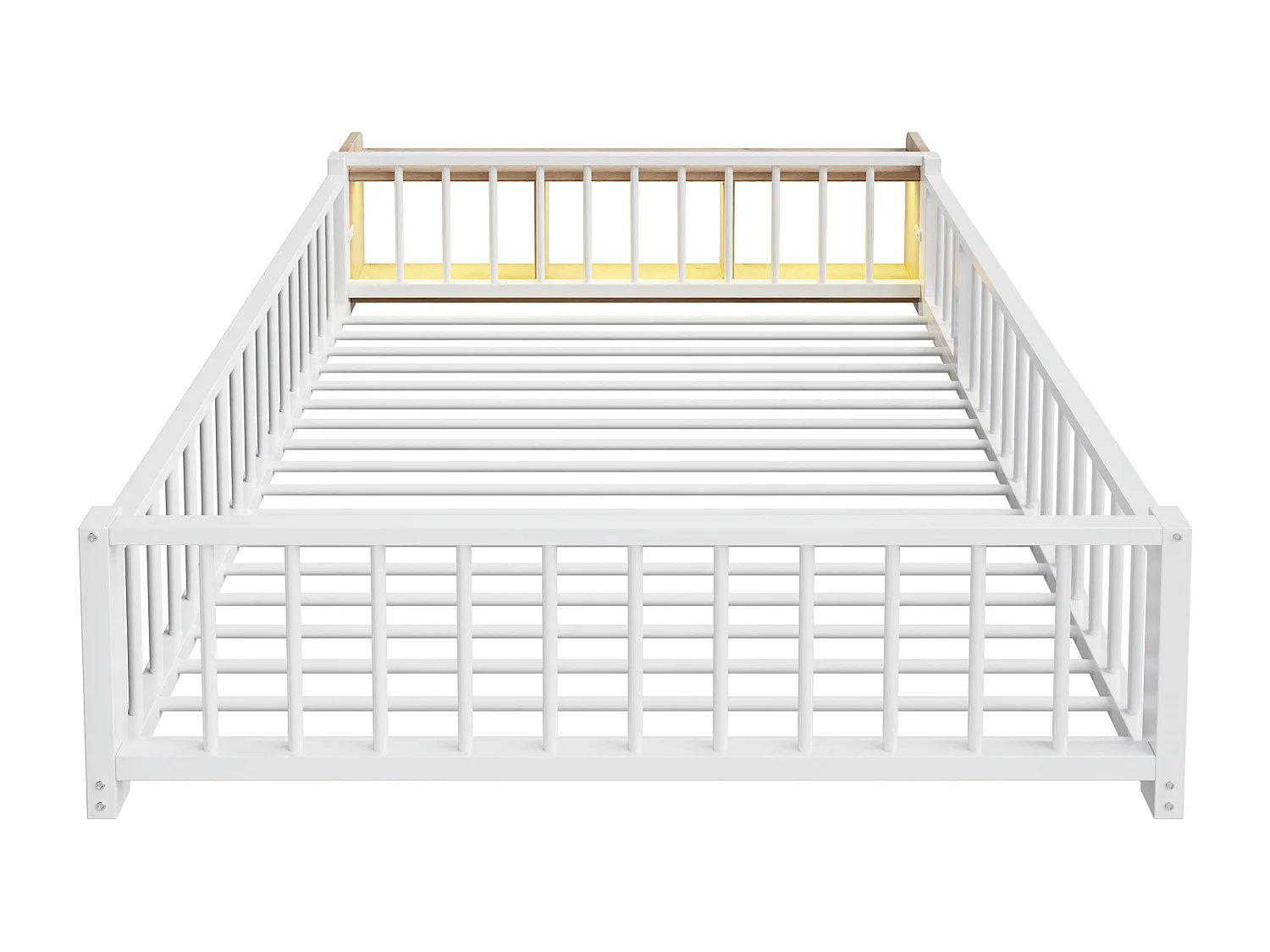 Flaches Metallbett für Kinder – 140 x 200 cm – mit Sicherheitsgitter, Stauraum und LED-Beleuchtung – MDF und Metall – weiß