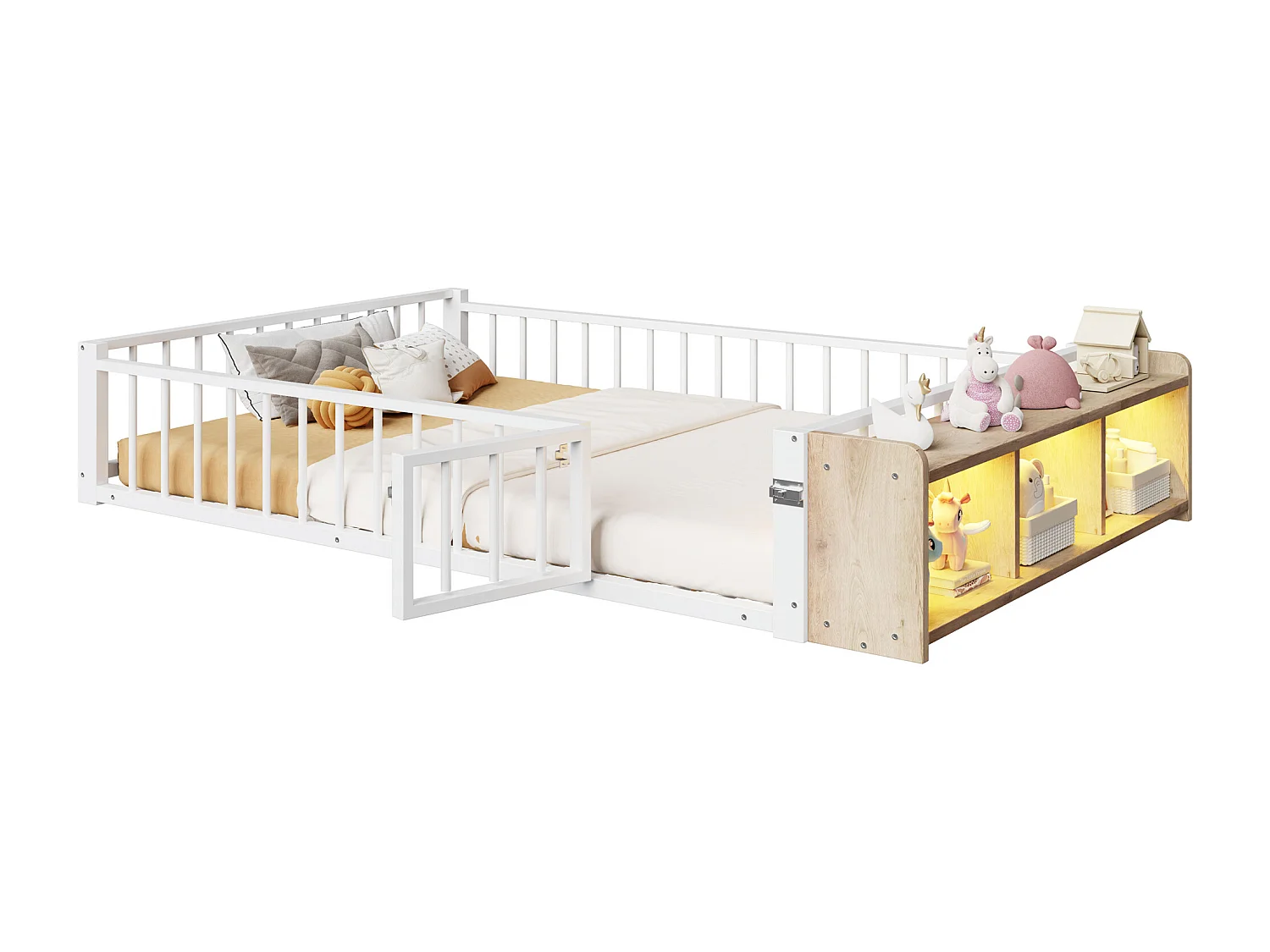 Flaches Metallbett für Kinder – 140 x 200 cm – mit Sicherheitsgitter, Stauraum und LED-Beleuchtung – MDF und Metall – weiß