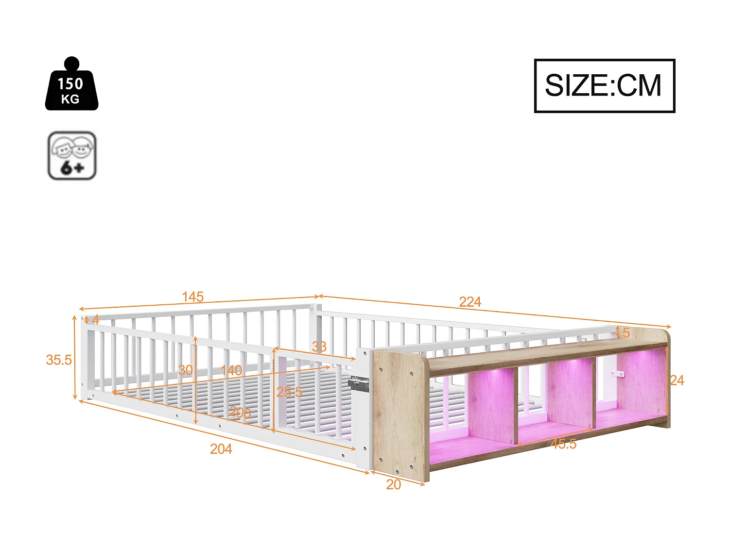 Flaches Metallbett für Kinder – 140 x 200 cm – mit Sicherheitsgitter, Stauraum und LED-Beleuchtung – MDF und Metall – weiß