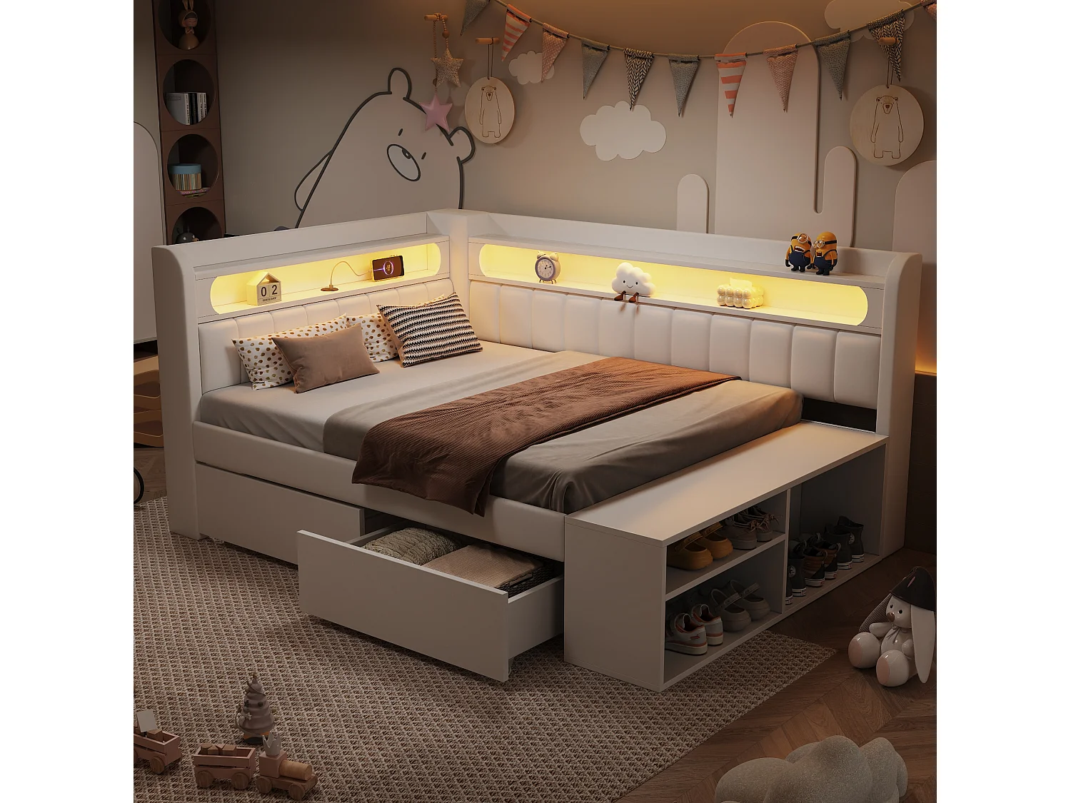 Lit banquette coffre enfant - 90 x 200 cm - avec USB + Leds + étagère + meuble à chaussures + 2 tiroirs - MDF - blanc