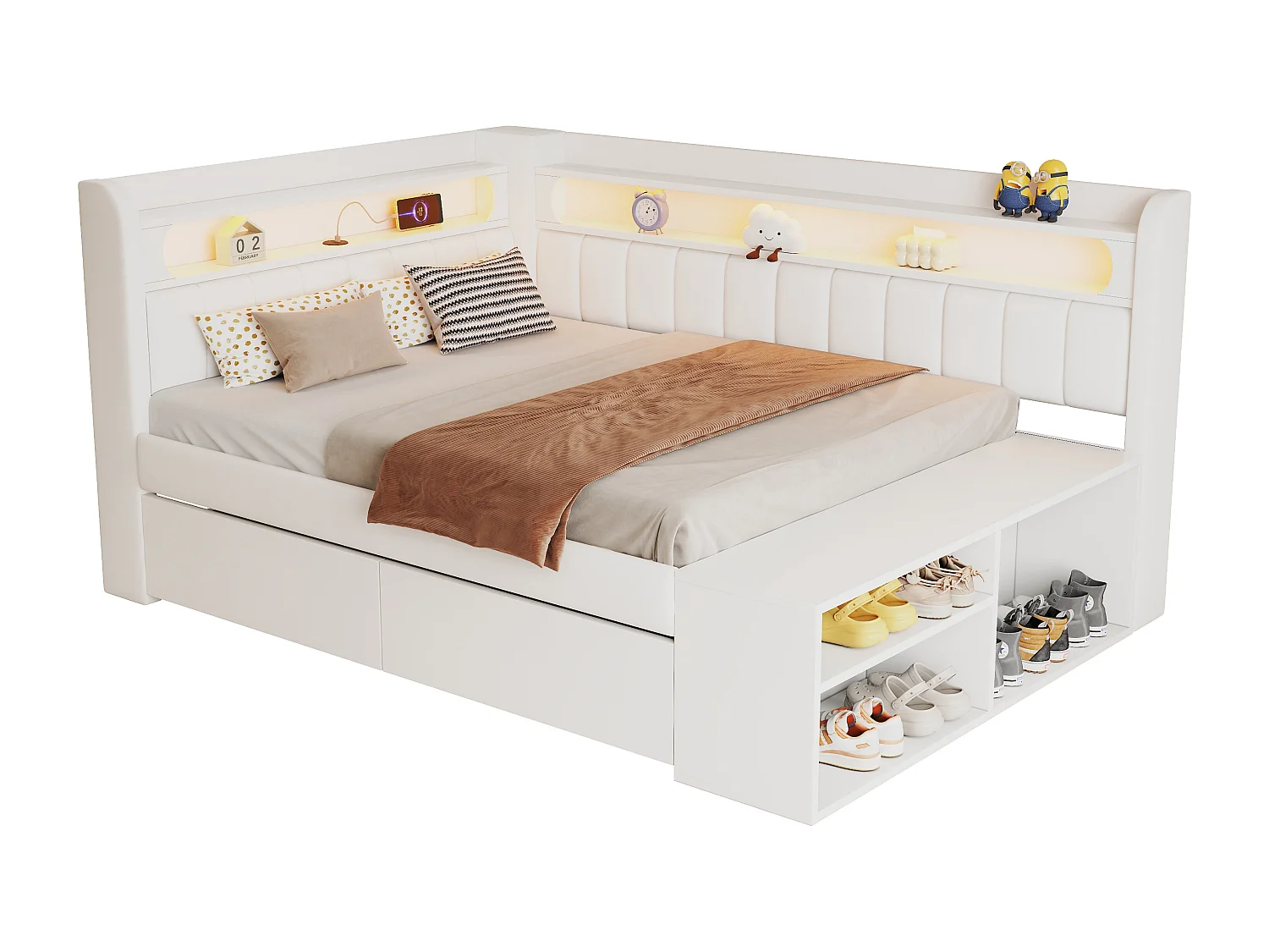 Lit banquette coffre enfant - 90 x 200 cm - avec USB + Leds + étagère + meuble à chaussures + 2 tiroirs - MDF - blanc