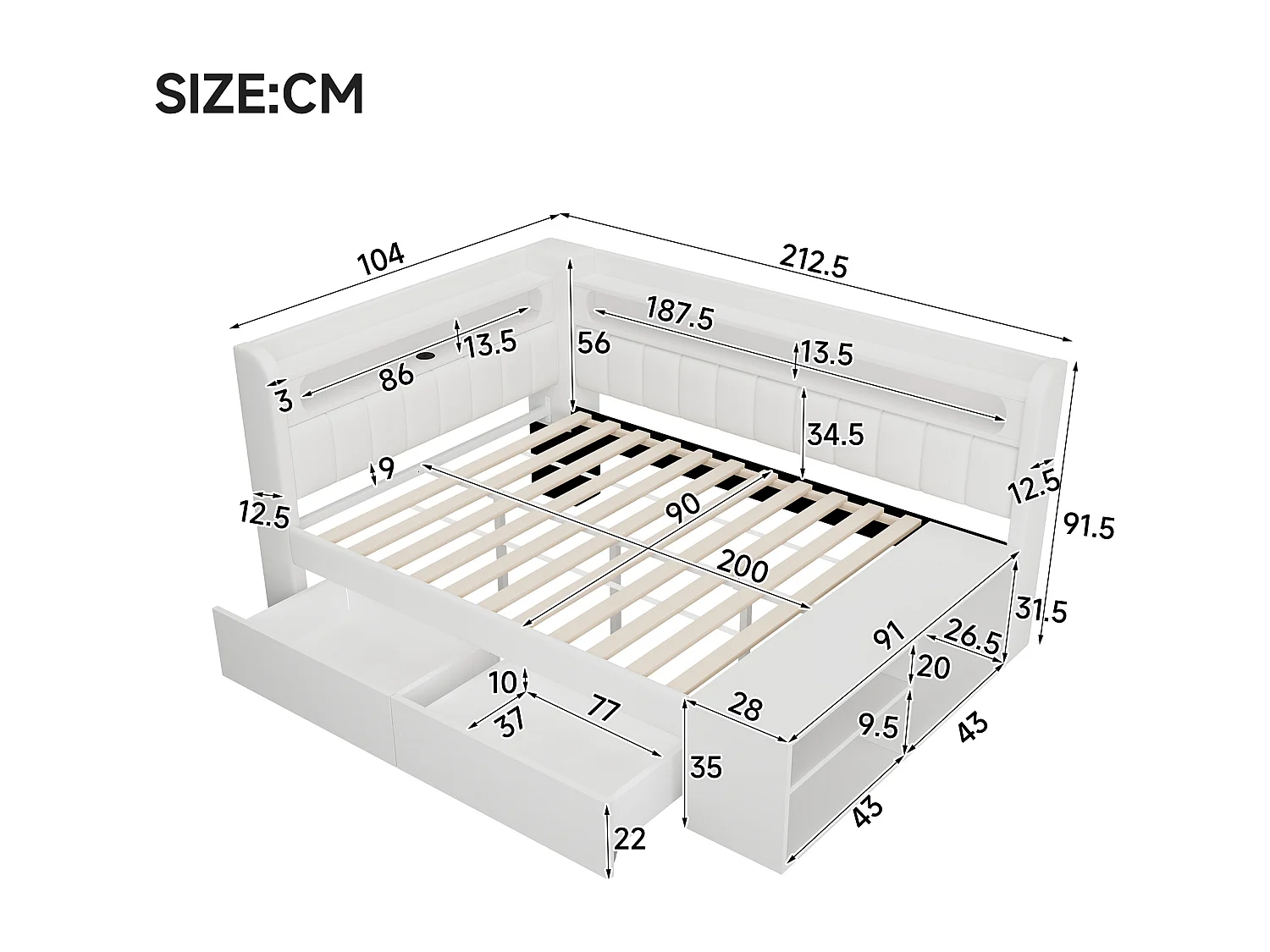 Lit banquette coffre enfant - 90 x 200 cm - avec USB + Leds + étagère + meuble à chaussures + 2 tiroirs - MDF - blanc