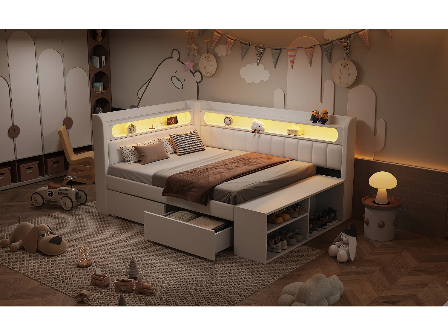 Lit banquette coffre enfant - 90 x 200 cm - avec USB + Leds + étagère + meuble à chaussures + 2 tiroirs - MDF - blanc