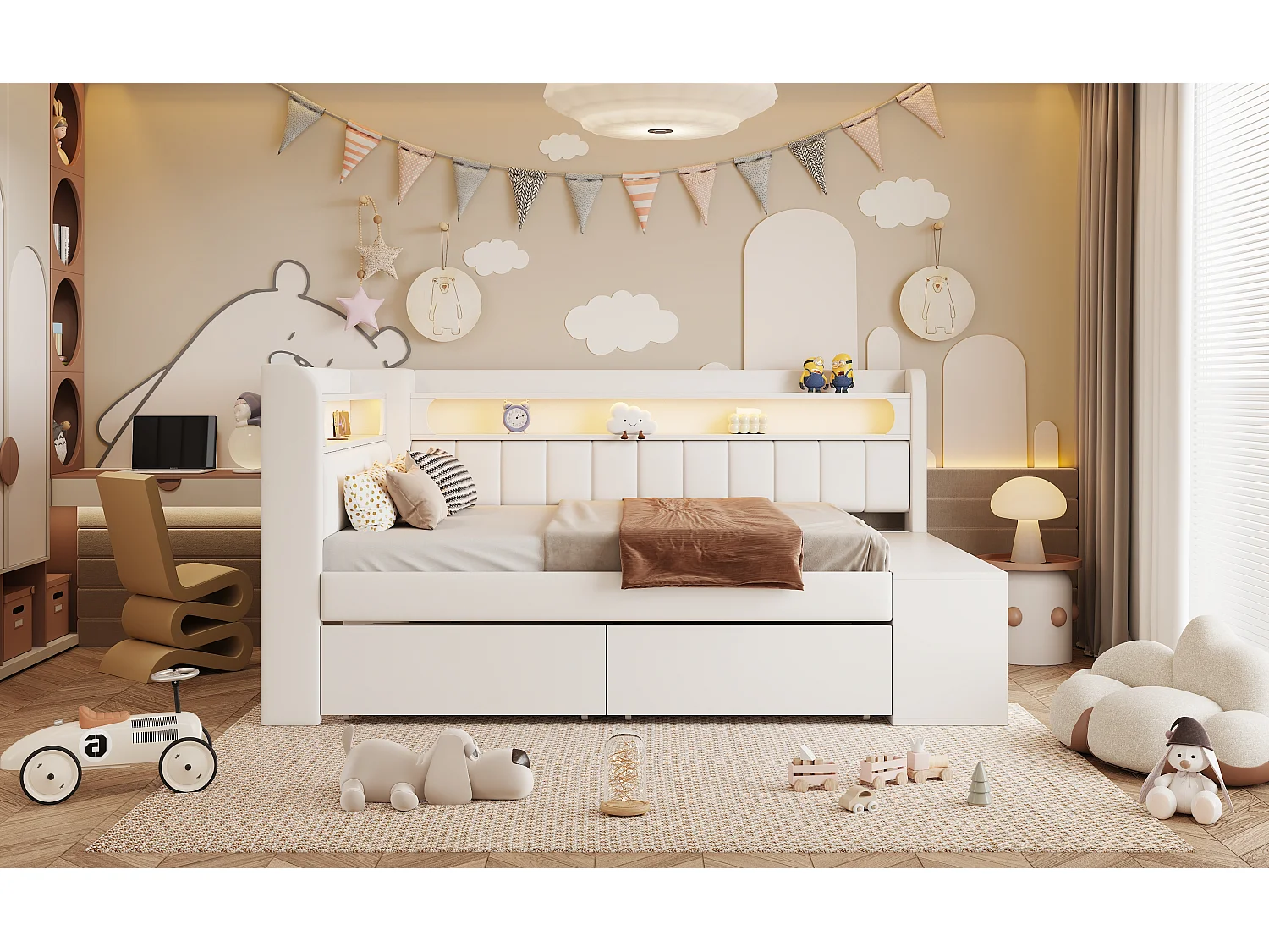 Lit banquette coffre enfant - 90 x 200 cm - avec USB + Leds + étagère + meuble à chaussures + 2 tiroirs - MDF - blanc