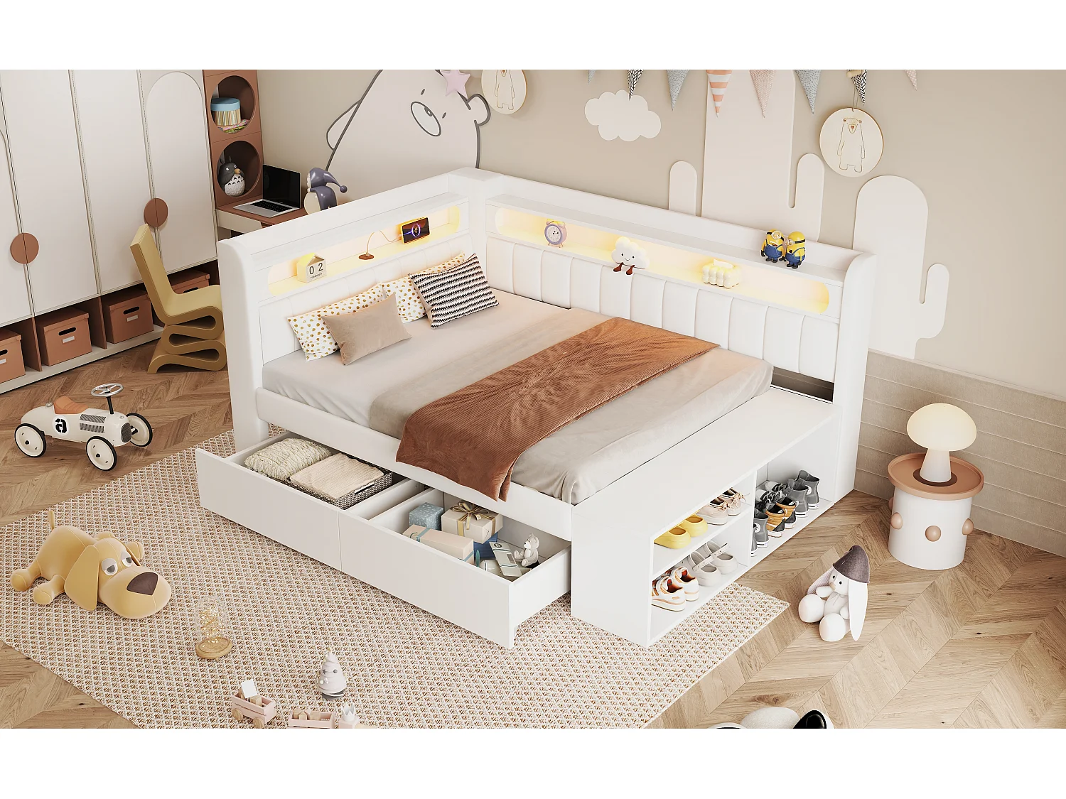 Lit banquette coffre enfant - 90 x 200 cm - avec USB + Leds + étagère + meuble à chaussures + 2 tiroirs - MDF - blanc