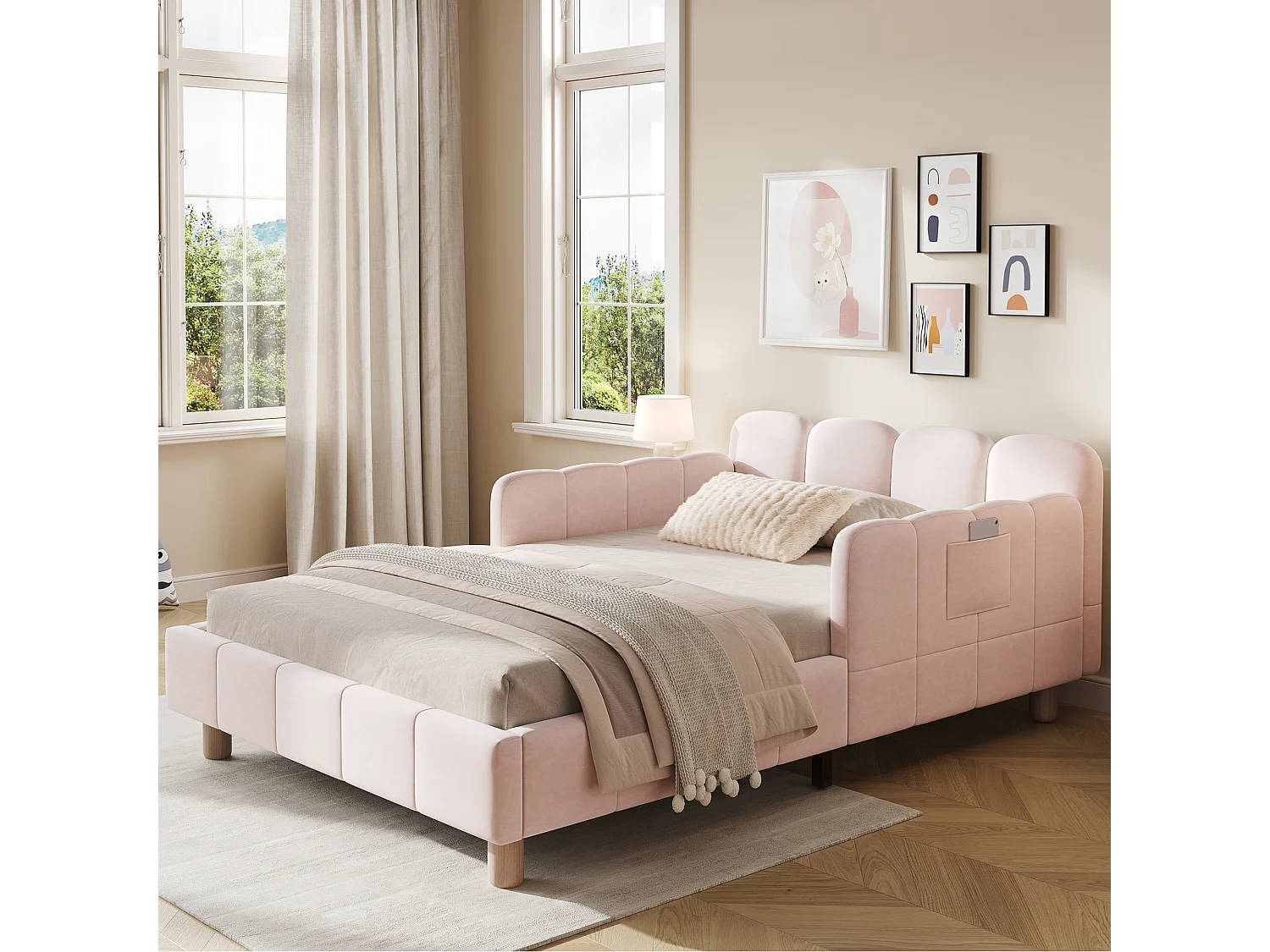 Lit capitonné pour enfant - 90 x 200 cm - avec tête de lit + barrière de sécurité - pieds en bois massif - velours - rose