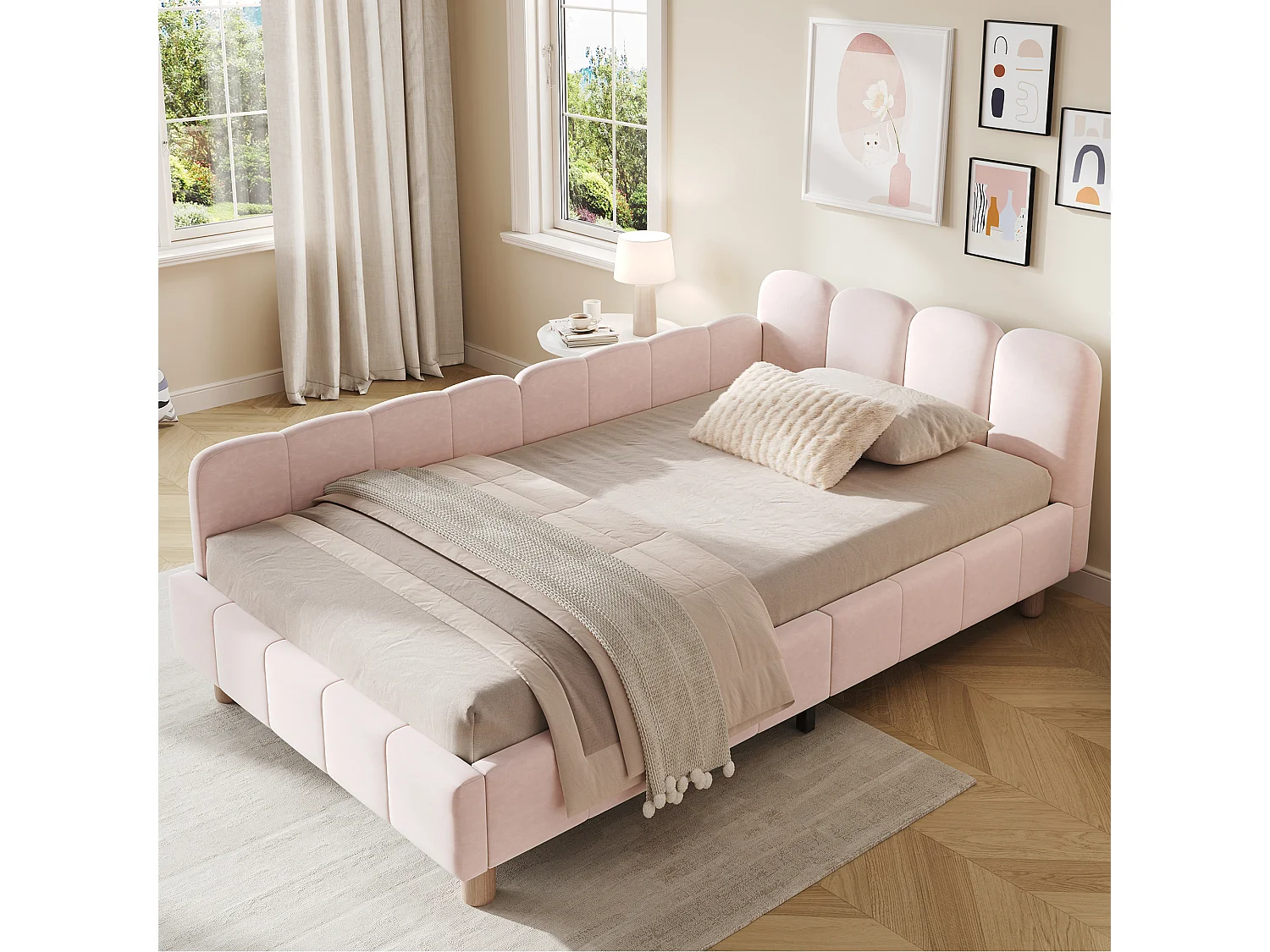 Lit capitonné pour enfant - 90 x 200 cm - avec tête de lit + barrière de sécurité - pieds en bois massif - velours - rose