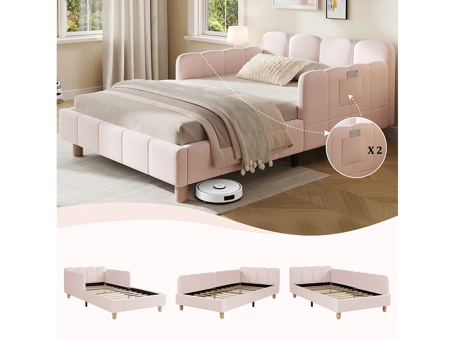 Lit capitonné pour enfant - 90 x 200 cm - avec tête de lit + barrière de sécurité - pieds en bois massif - velours - rose