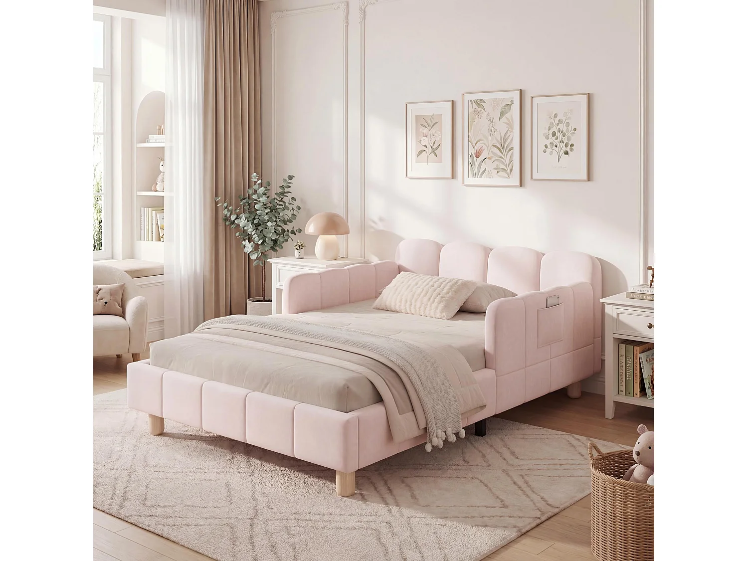 Lit capitonné pour enfant - 90 x 200 cm - avec tête de lit + barrière de sécurité - pieds en bois massif - velours - rose