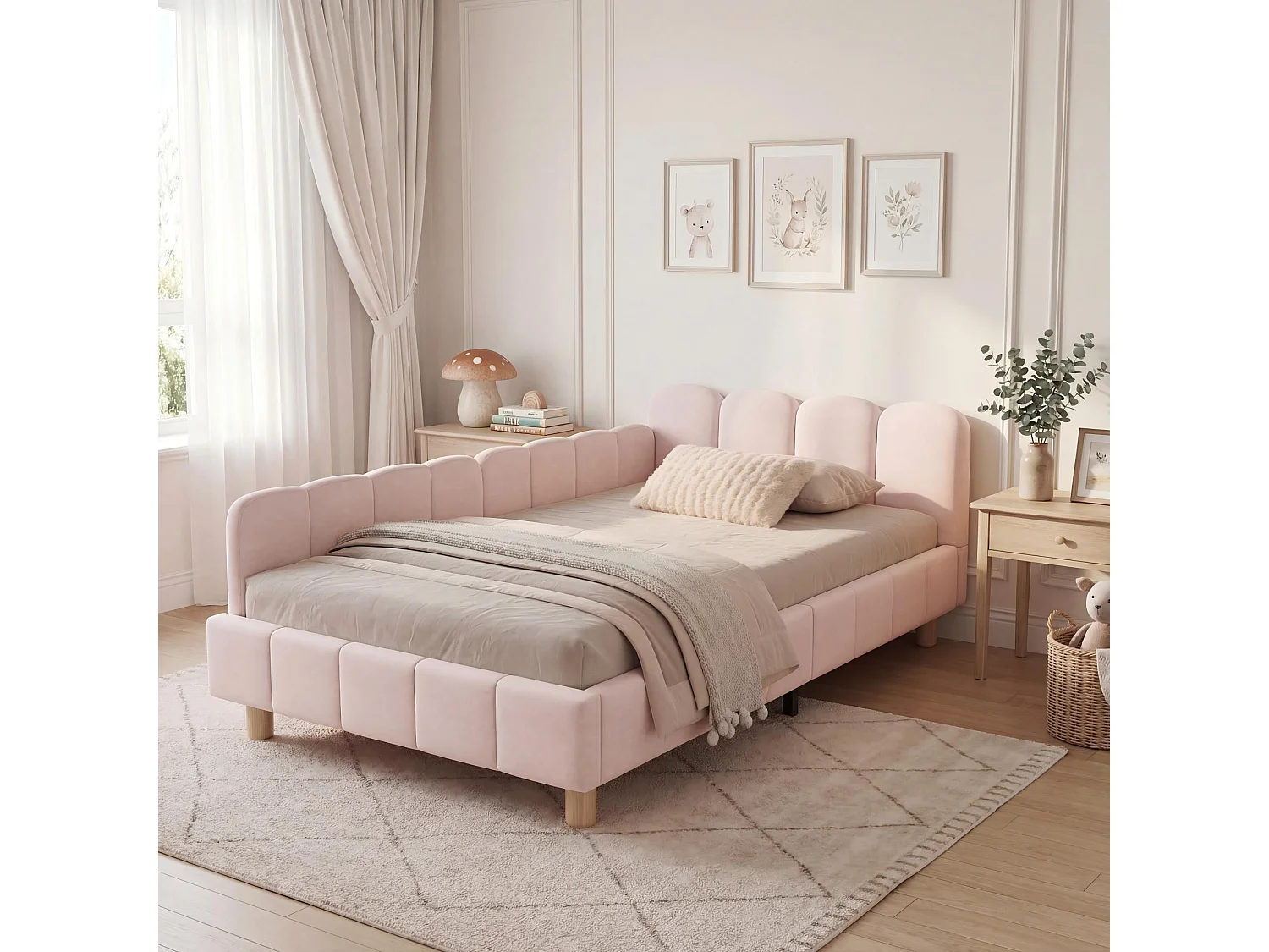 Lit capitonné pour enfant - 90 x 200 cm - avec tête de lit + barrière de sécurité - pieds en bois massif - velours - rose