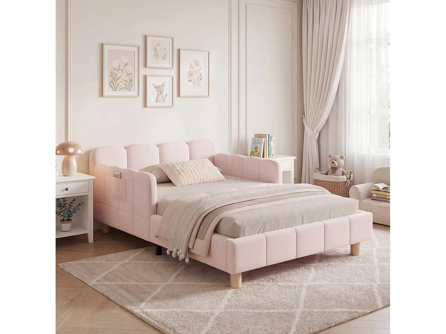 Lit capitonné pour enfant - 90 x 200 cm - avec tête de lit + barrière de sécurité - pieds en bois massif - velours - rose