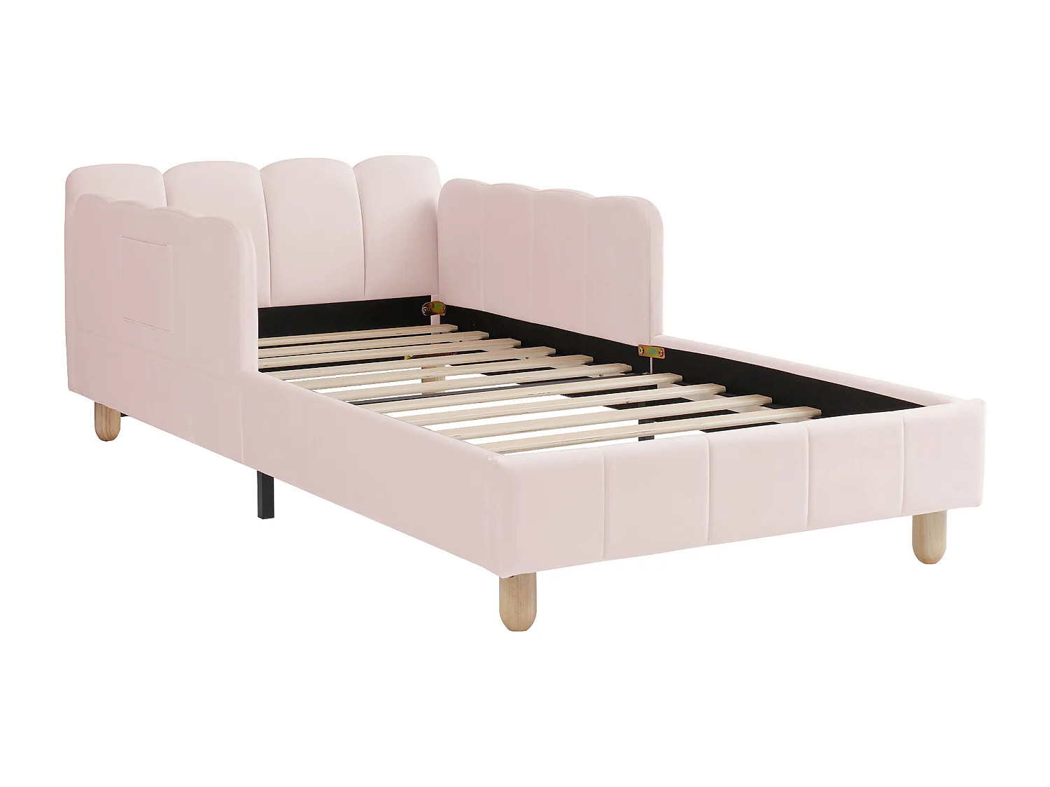 Lit capitonné pour enfant - 90 x 200 cm - avec tête de lit + barrière de sécurité - pieds en bois massif - velours - rose