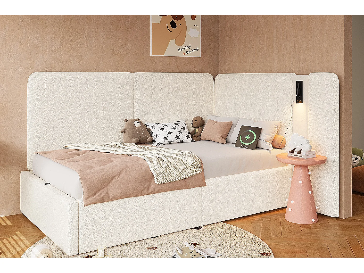 Lettino imbottito per bambini - 90 x 200 cm - con contenitore idraulico + porta USB + luce di lettura - tessuto a trama fitta - beige