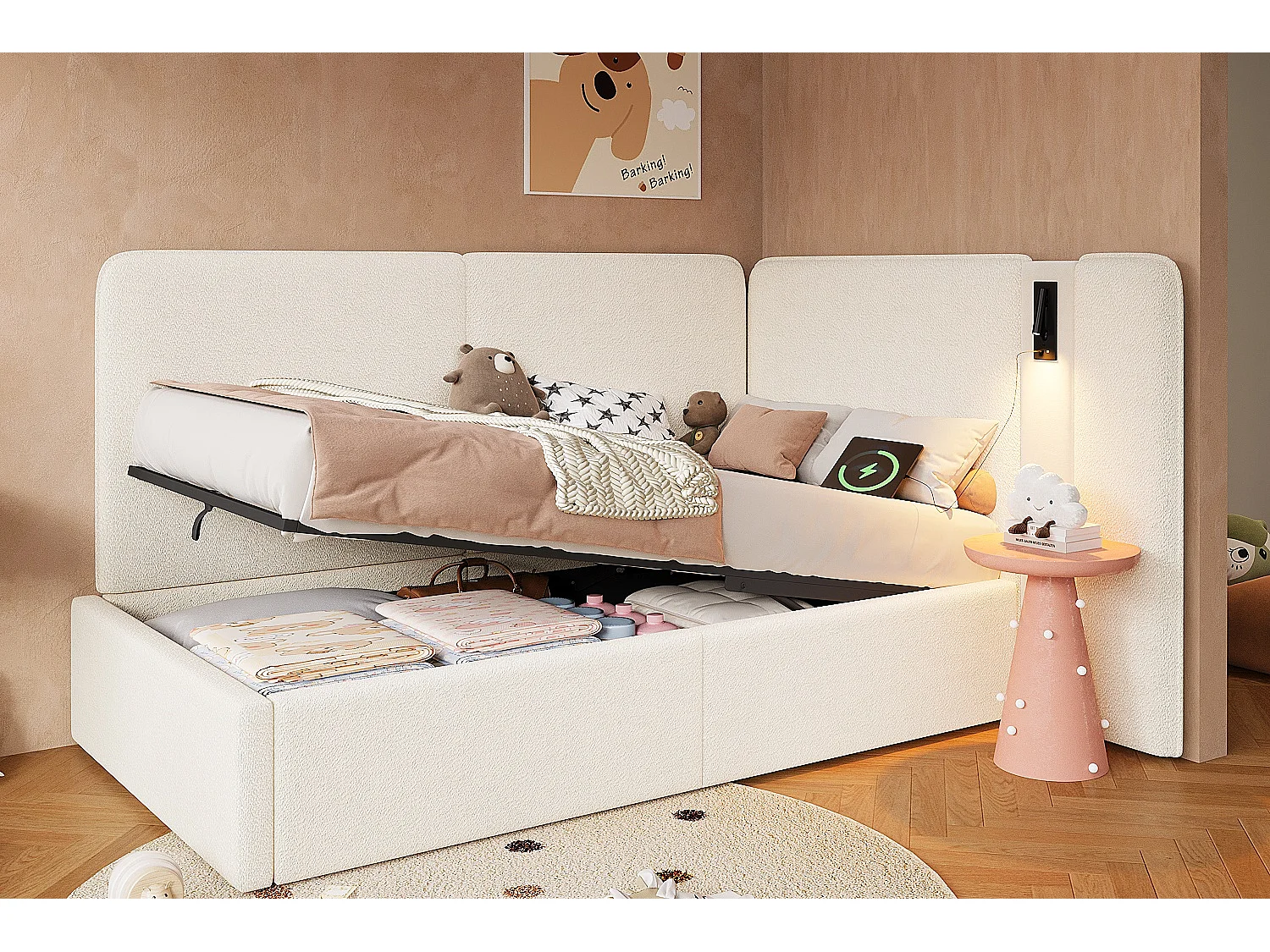 Lettino imbottito per bambini - 90 x 200 cm - con contenitore idraulico + porta USB + luce di lettura - tessuto a trama fitta - beige