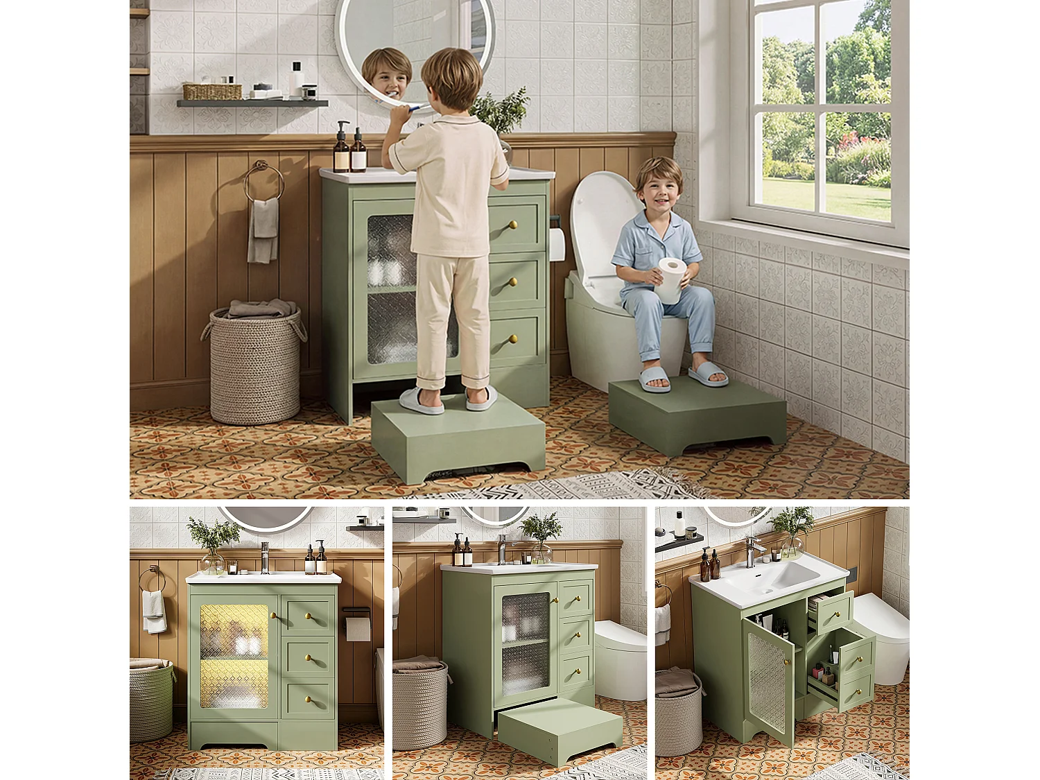 Móvel de lavatório com cuba única em cerâmica lisa - 80 x 50 x 87 cm - com apoio para os pés embutido + LEDs + gavetas + porta - MDF - verde